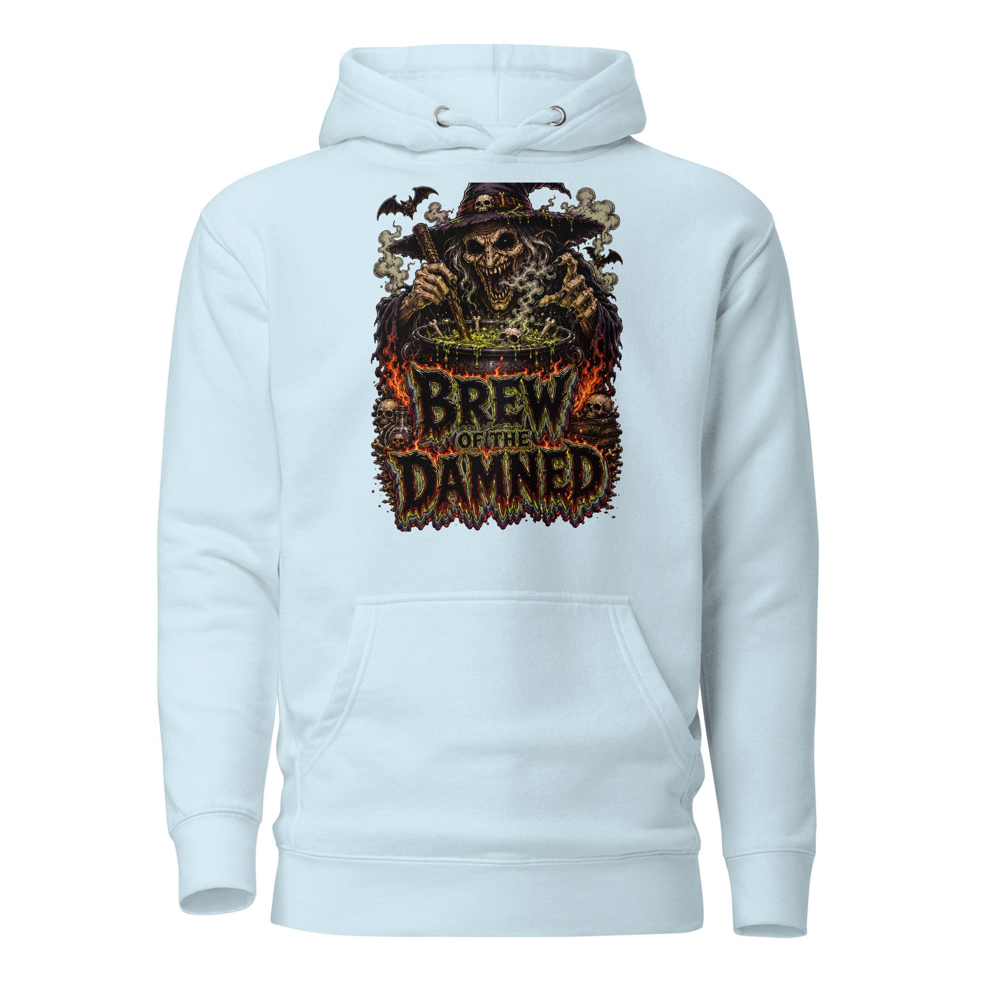 Horror & Mystery Lovers Unisex Premium Pullover Hoodie with "Brew of the Damned" Witch Cauldron Design by printfluence.net