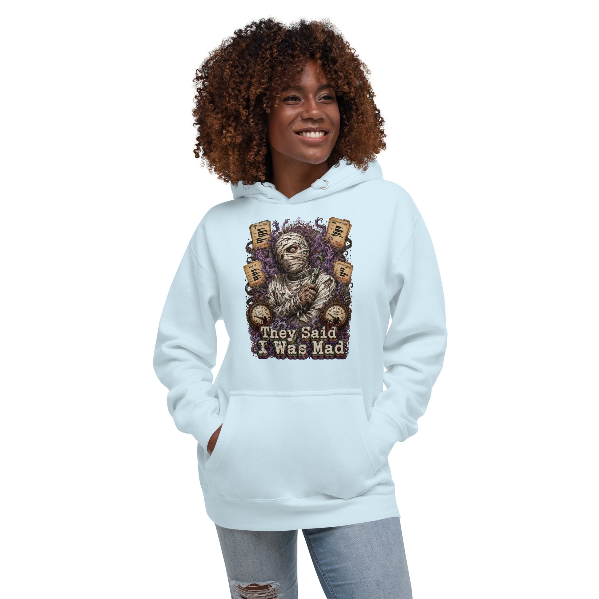 Horror and Mystery Lovers Unisex Premium Pullover Hoodie — "They Said I Was Mad" Asylum Patient and Sanity Meter Design by printfluence.net