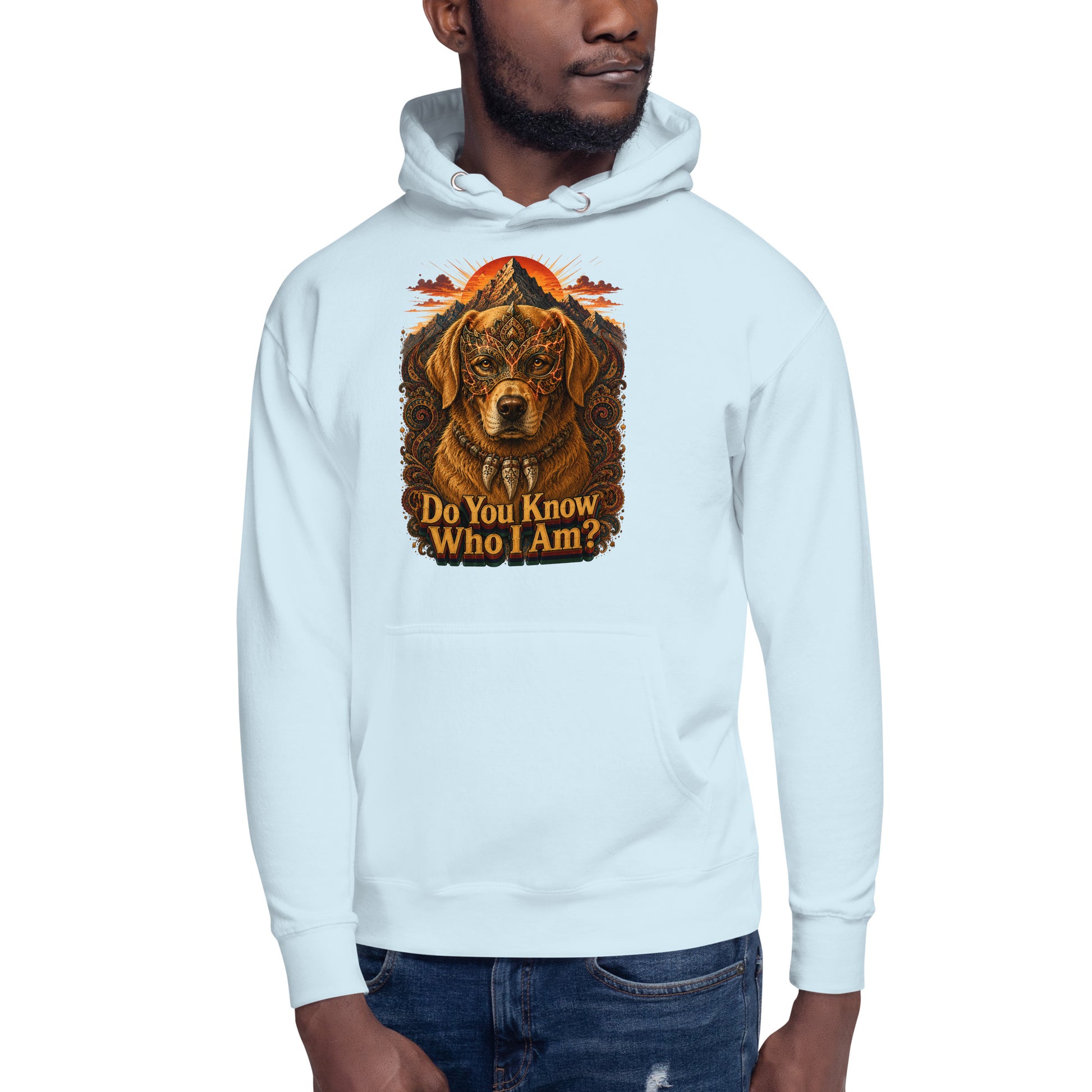 Golden Retriever Lovers Unisex Premium Pullover Hoodie — "Do You Know Who I Am?" Mystical Mask, Mountains, and Tribal Collar Design by printfluence.net