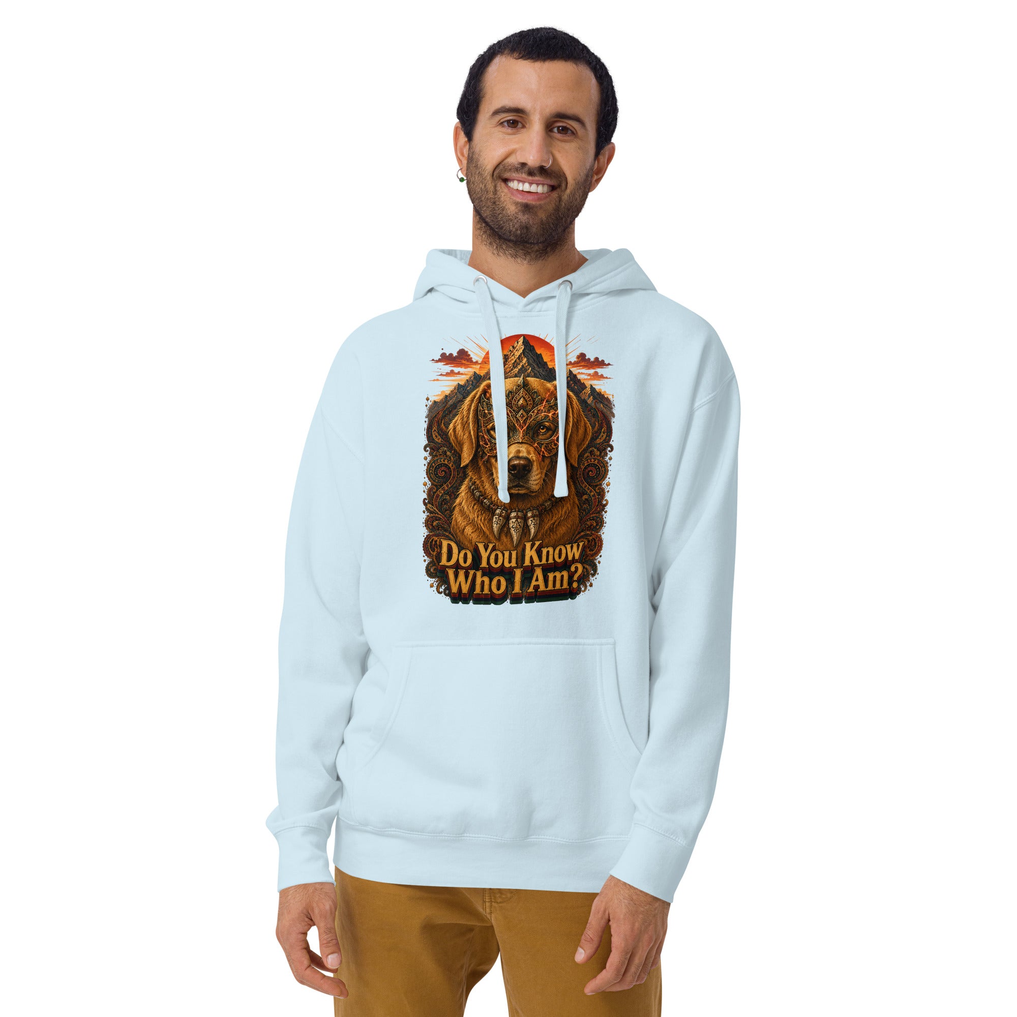 Golden Retriever Lovers Unisex Premium Pullover Hoodie — "Do You Know Who I Am?" Mystical Mask, Mountains, and Tribal Collar Design by printfluence.net