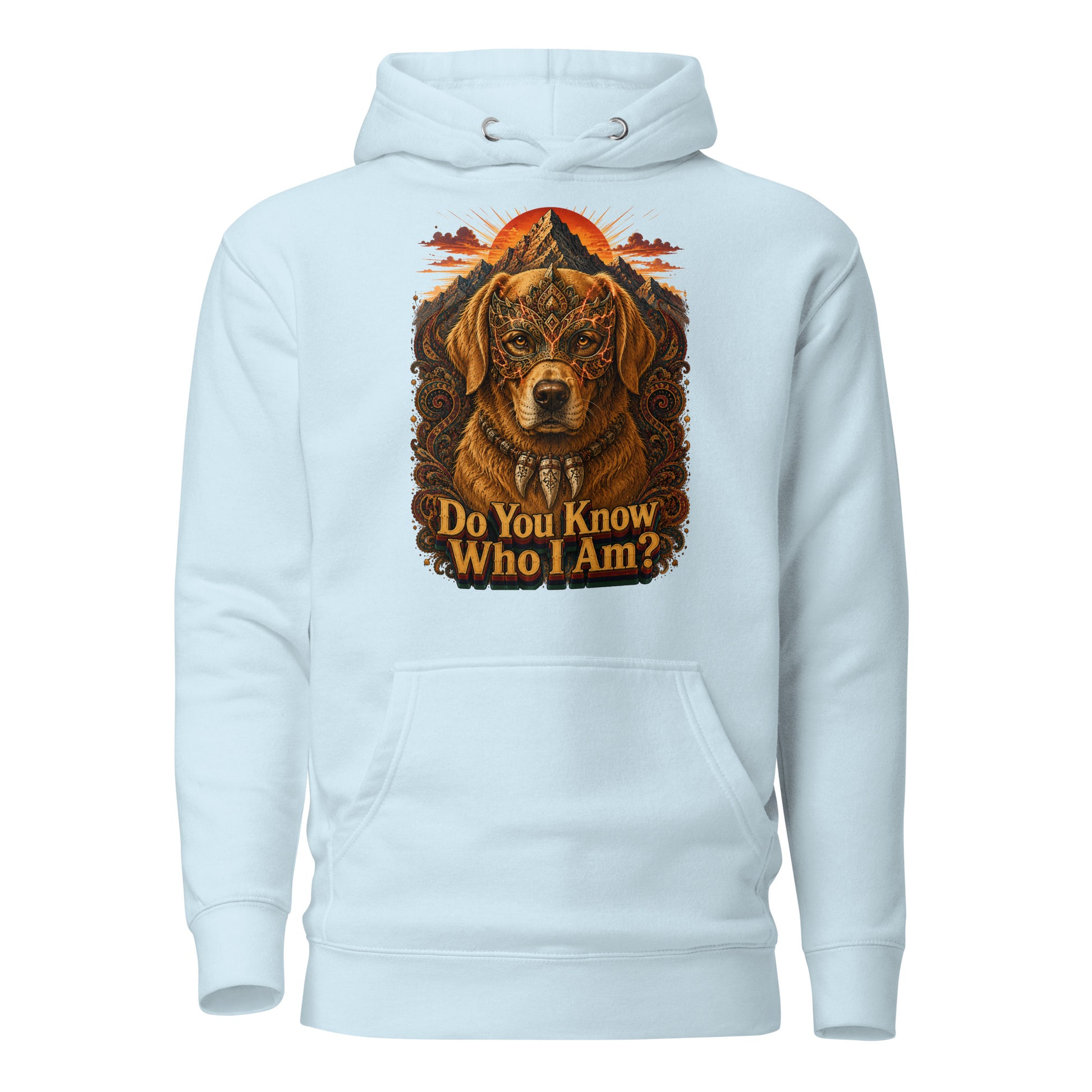 Golden Retriever Lovers Unisex Premium Pullover Hoodie — "Do You Know Who I Am?" Mystical Mask, Mountains, and Tribal Collar Design by printfluence.net