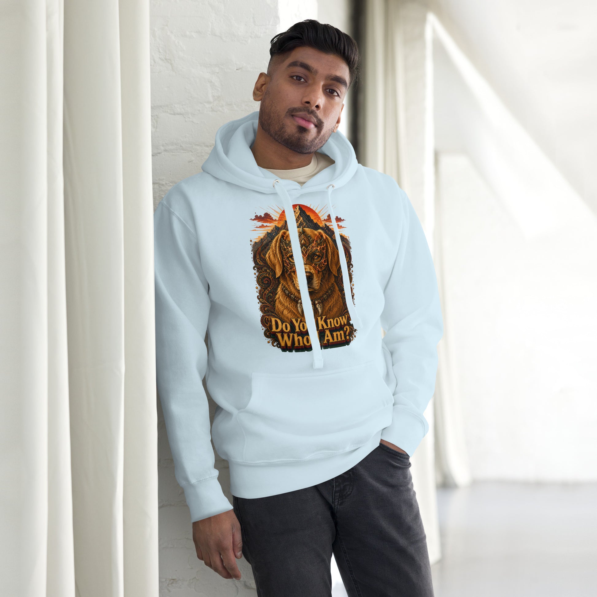 Golden Retriever Lovers Unisex Premium Pullover Hoodie — "Do You Know Who I Am?" Mystical Mask, Mountains, and Tribal Collar Design by printfluence.net