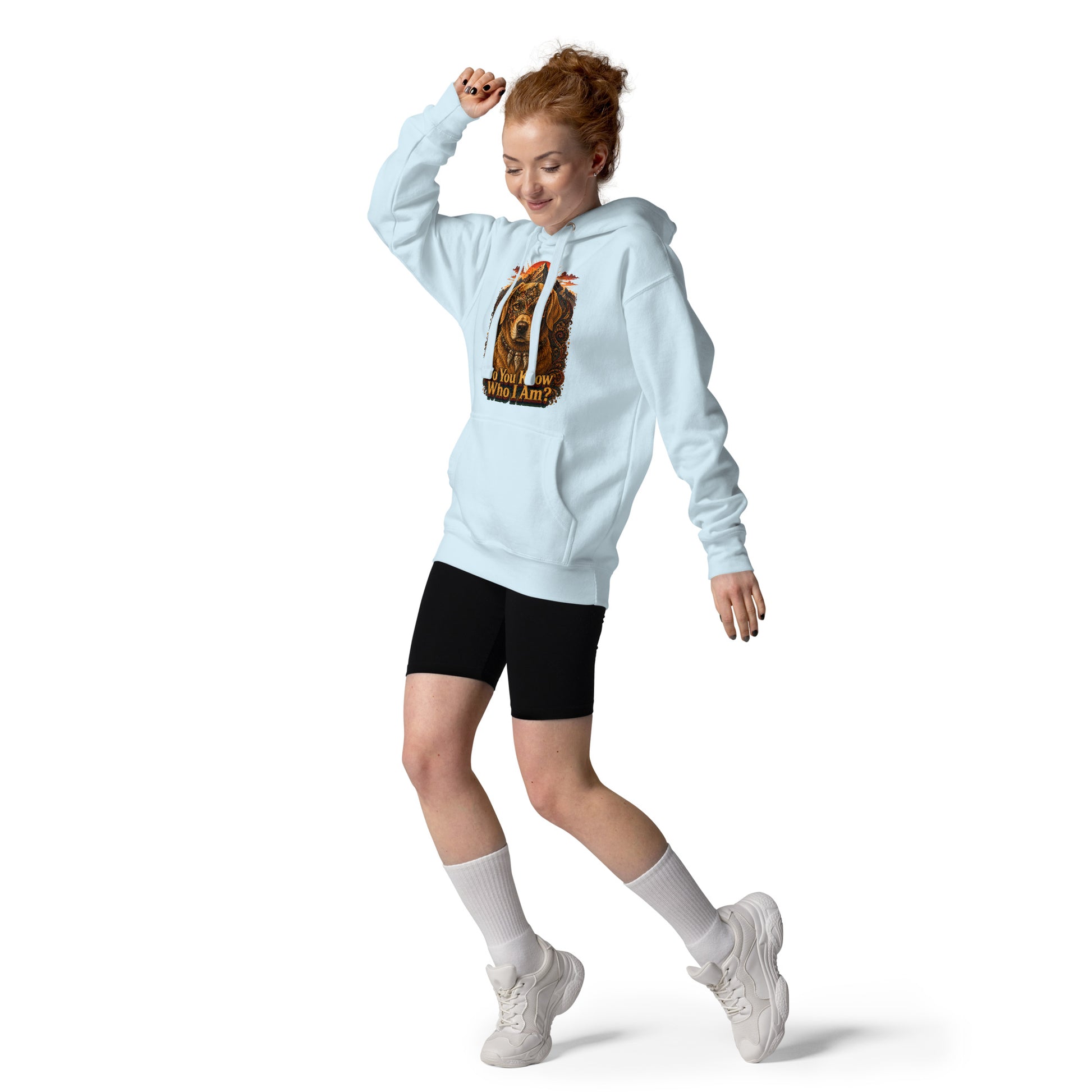 Golden Retriever Lovers Unisex Premium Pullover Hoodie — "Do You Know Who I Am?" Mystical Mask, Mountains, and Tribal Collar Design by printfluence.net
