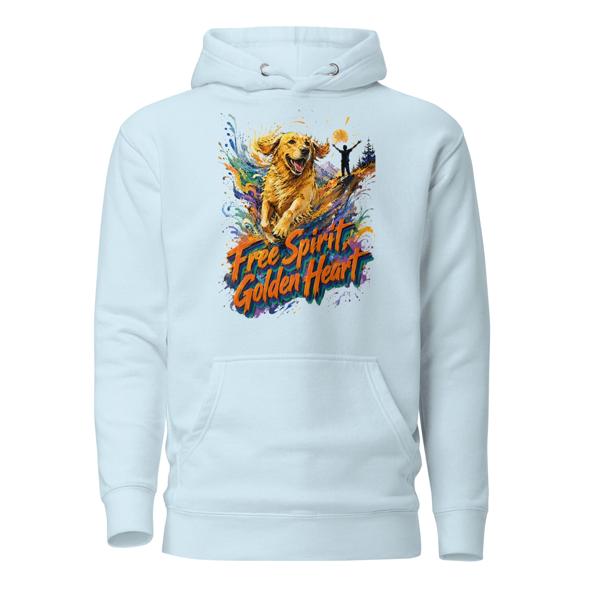 Golden Retriever Lovers Unisex Premium Pullover Hoodie — "Free Spirit, Golden Heart" Running Dog and Mountain Explorer Design by printfluence.net