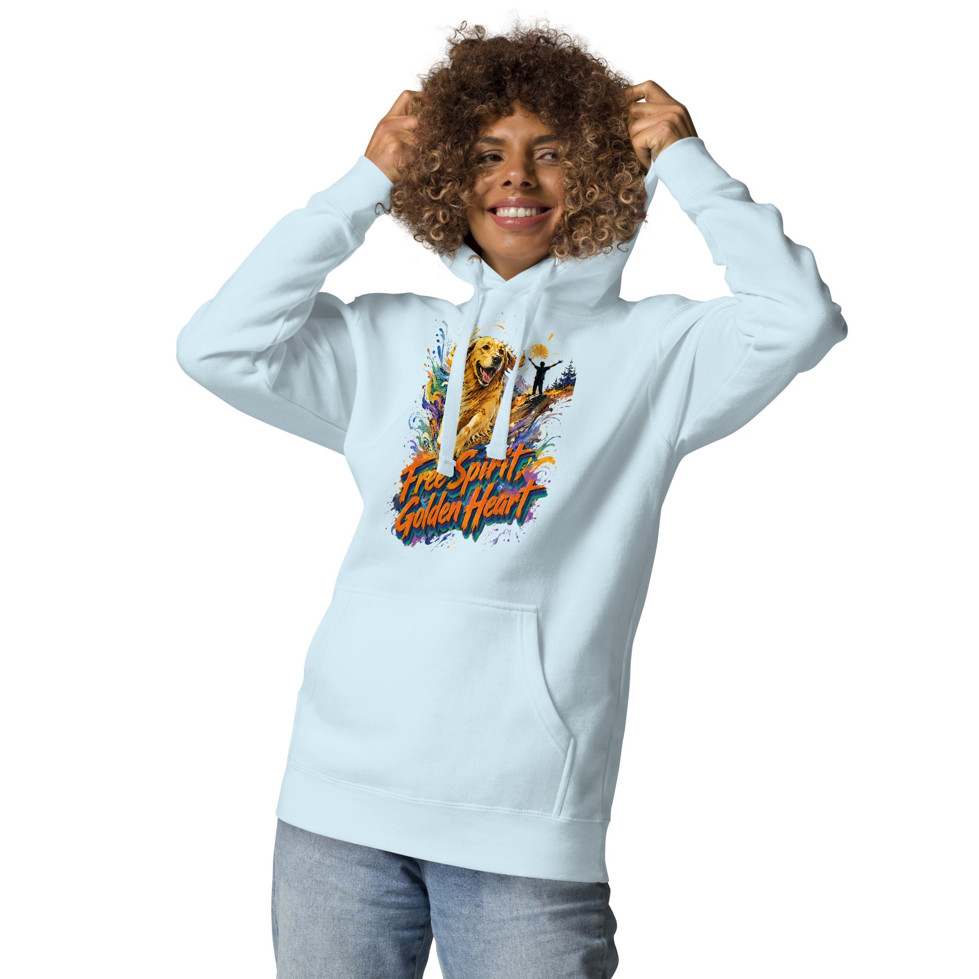 Golden Retriever Lovers Unisex Premium Pullover Hoodie — "Free Spirit, Golden Heart" Running Dog and Mountain Explorer Design by printfluence.net