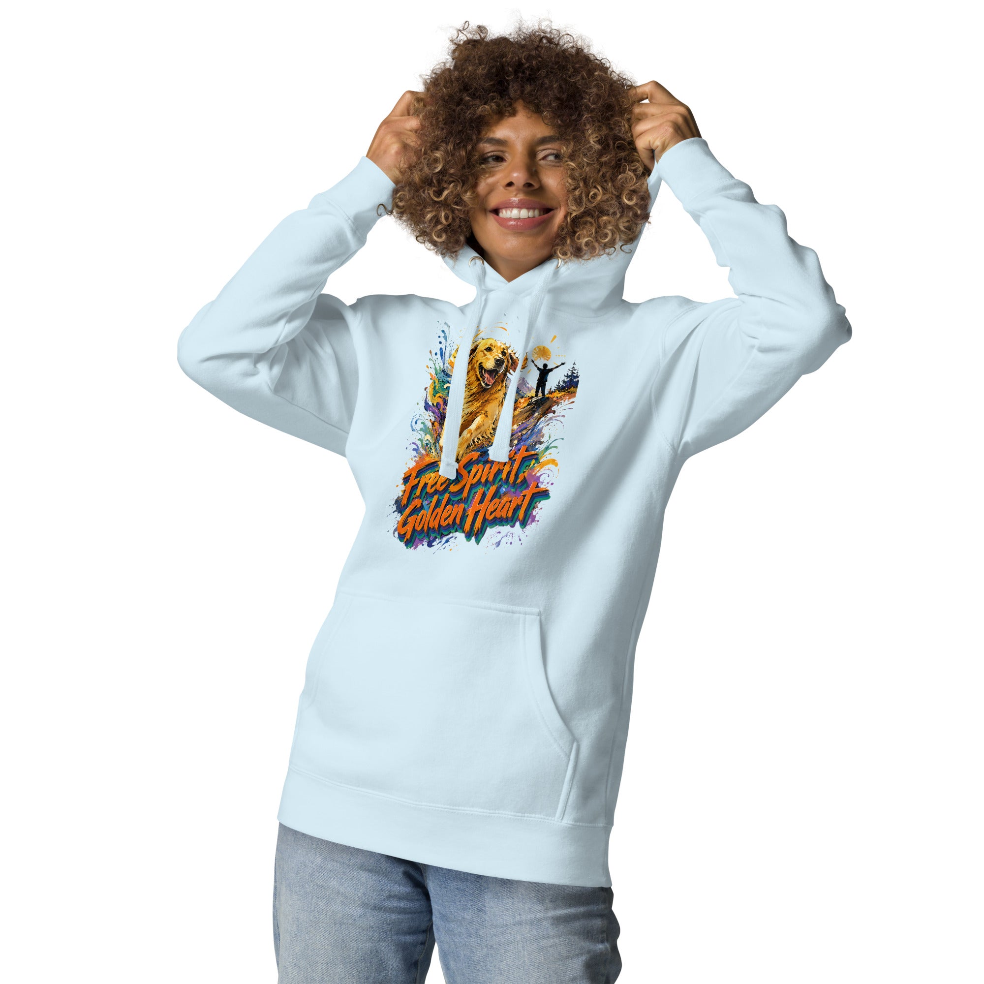 Golden Retriever Lovers Unisex Premium Pullover Hoodie — "Free Spirit, Golden Heart" Running Dog and Mountain Explorer Design by printfluence.net