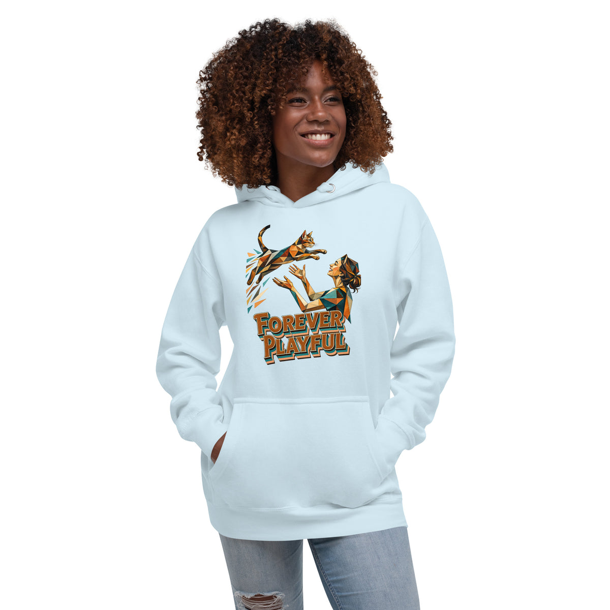 Cat Lovers Unisex Premium Pullover Hoodie – Forever Playful Geometric Cat Art Design by printfluence.net