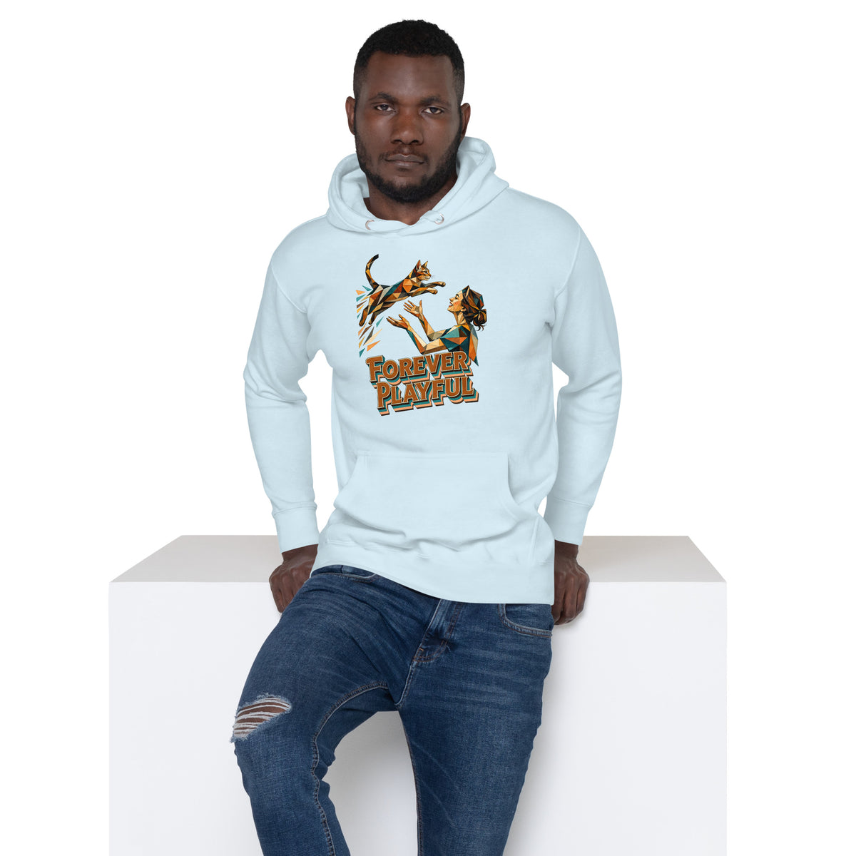 Cat Lovers Unisex Premium Pullover Hoodie – Forever Playful Geometric Cat Art Design by printfluence.net