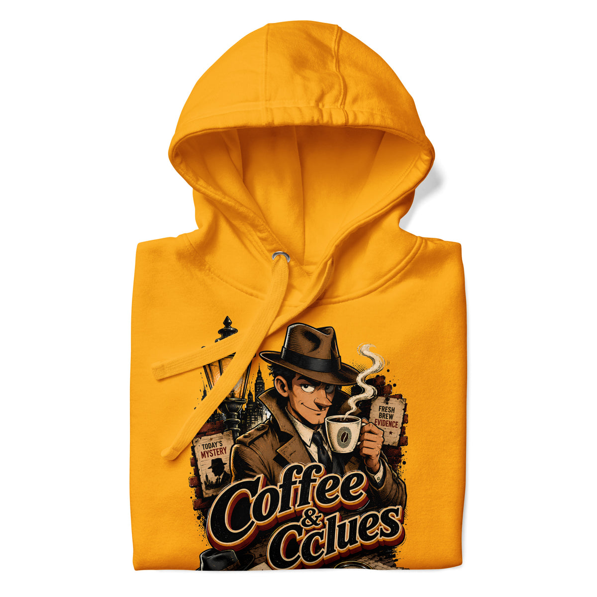 Coffee Lovers Unisex Hoodie Coffee & Clues – Noir Detective Style Graphic Pullover by printfluence.net