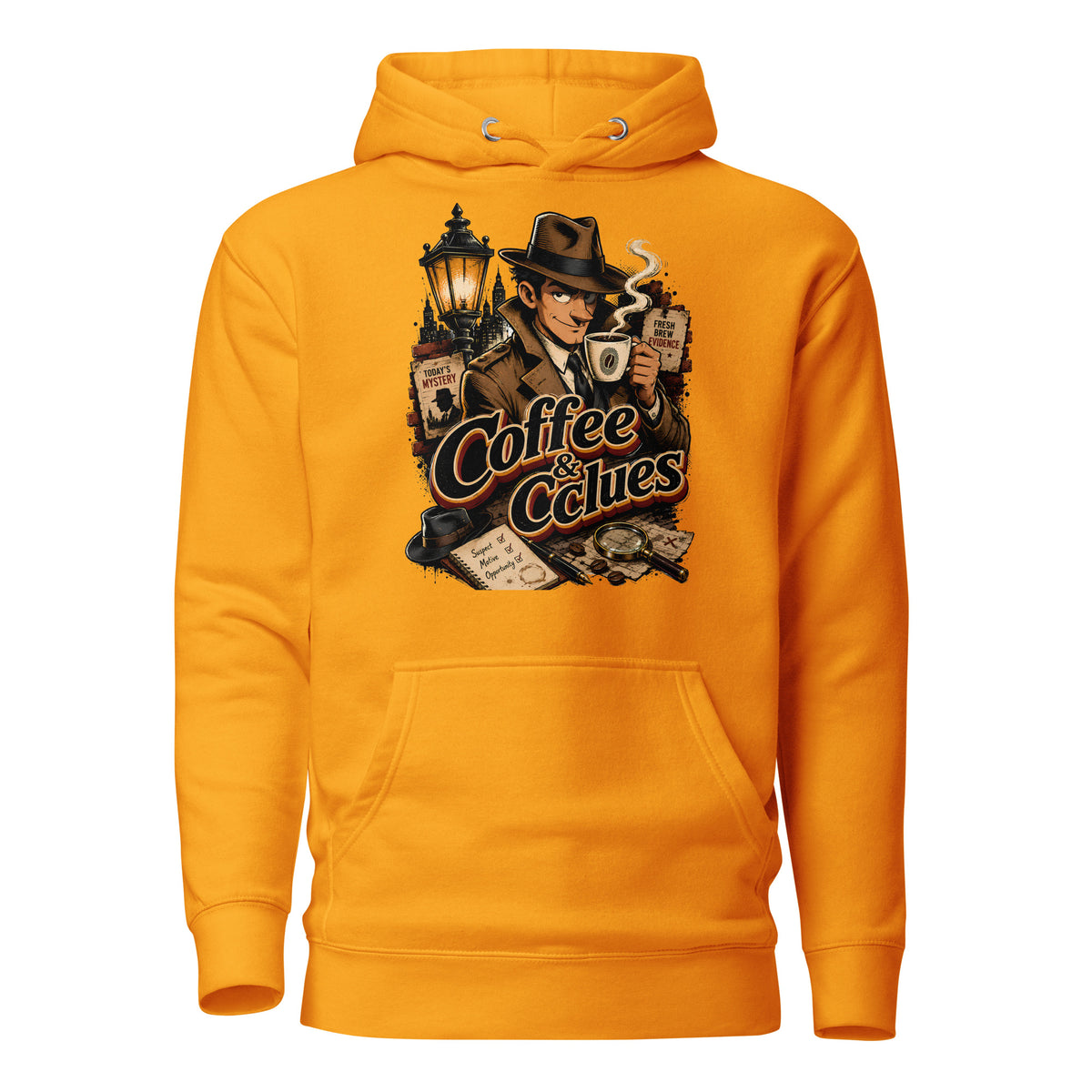 Coffee Lovers Unisex Hoodie Coffee & Clues – Noir Detective Style Graphic Pullover by printfluence.net
