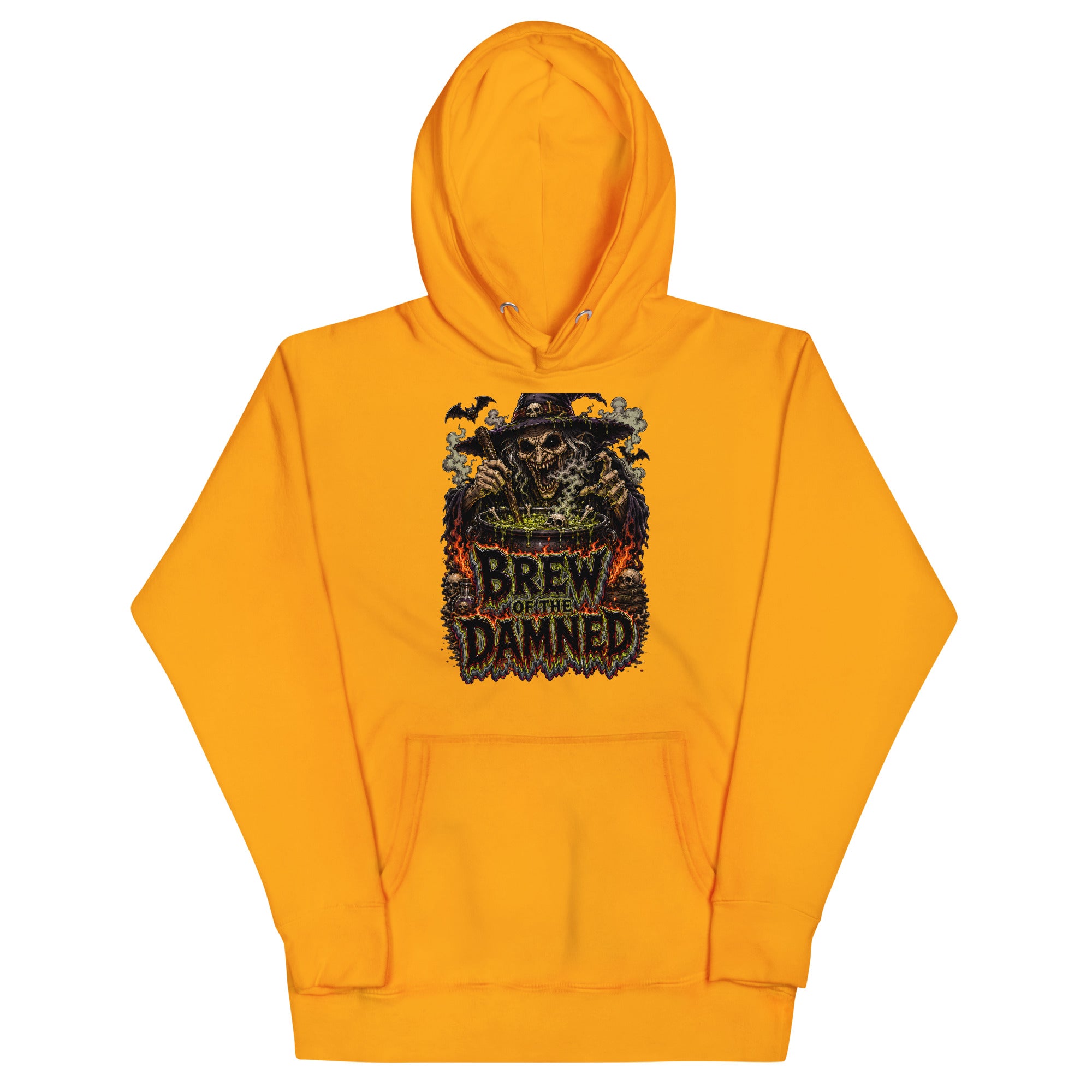 Horror & Mystery Lovers Unisex Premium Pullover Hoodie with "Brew of the Damned" Witch Cauldron Design by printfluence.net