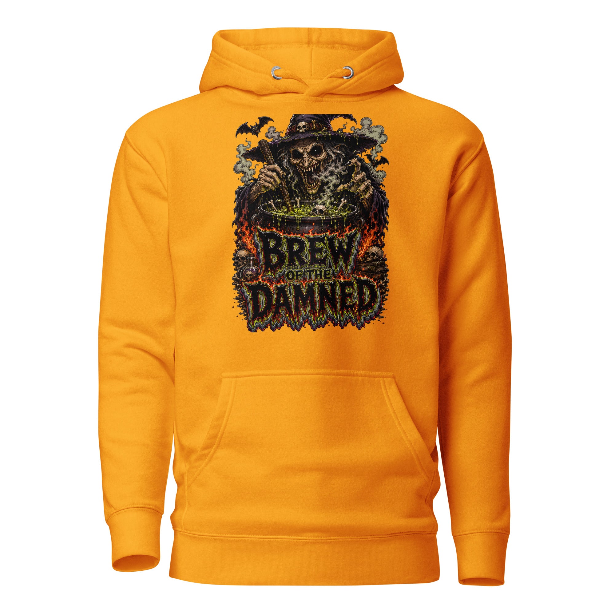 Horror & Mystery Lovers Unisex Premium Pullover Hoodie with "Brew of the Damned" Witch Cauldron Design by printfluence.net
