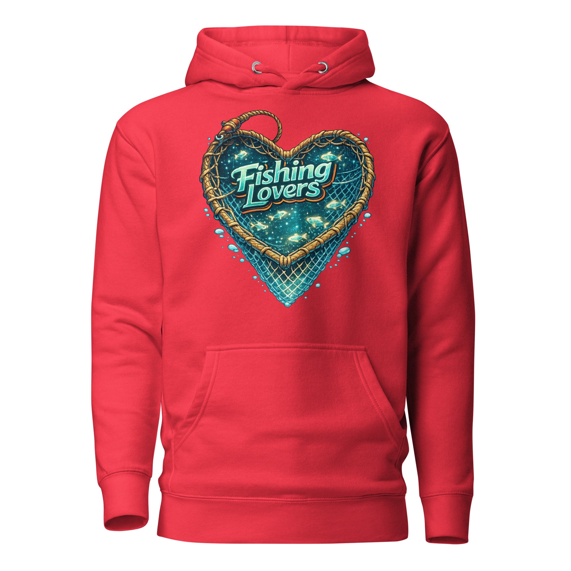 Fishing Lovers Hoodie - Premium Heart Fish Net Graphic Pullover for Anglers & Coffee Lovers by printfluence.net