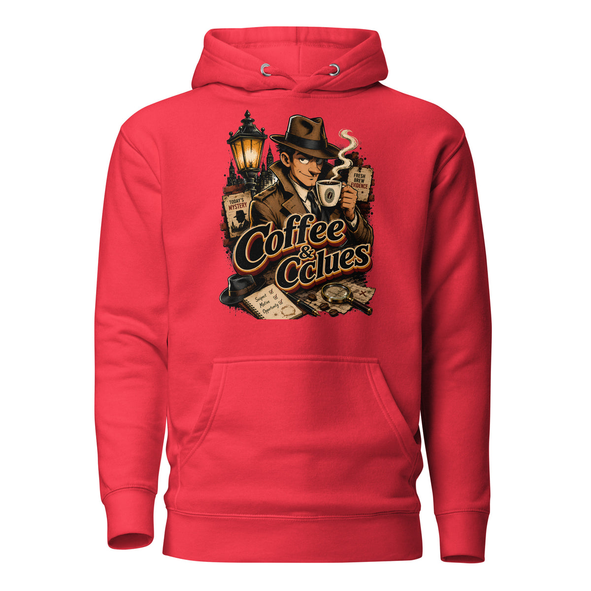 Coffee Lovers Unisex Hoodie Coffee & Clues – Noir Detective Style Graphic Pullover by printfluence.net