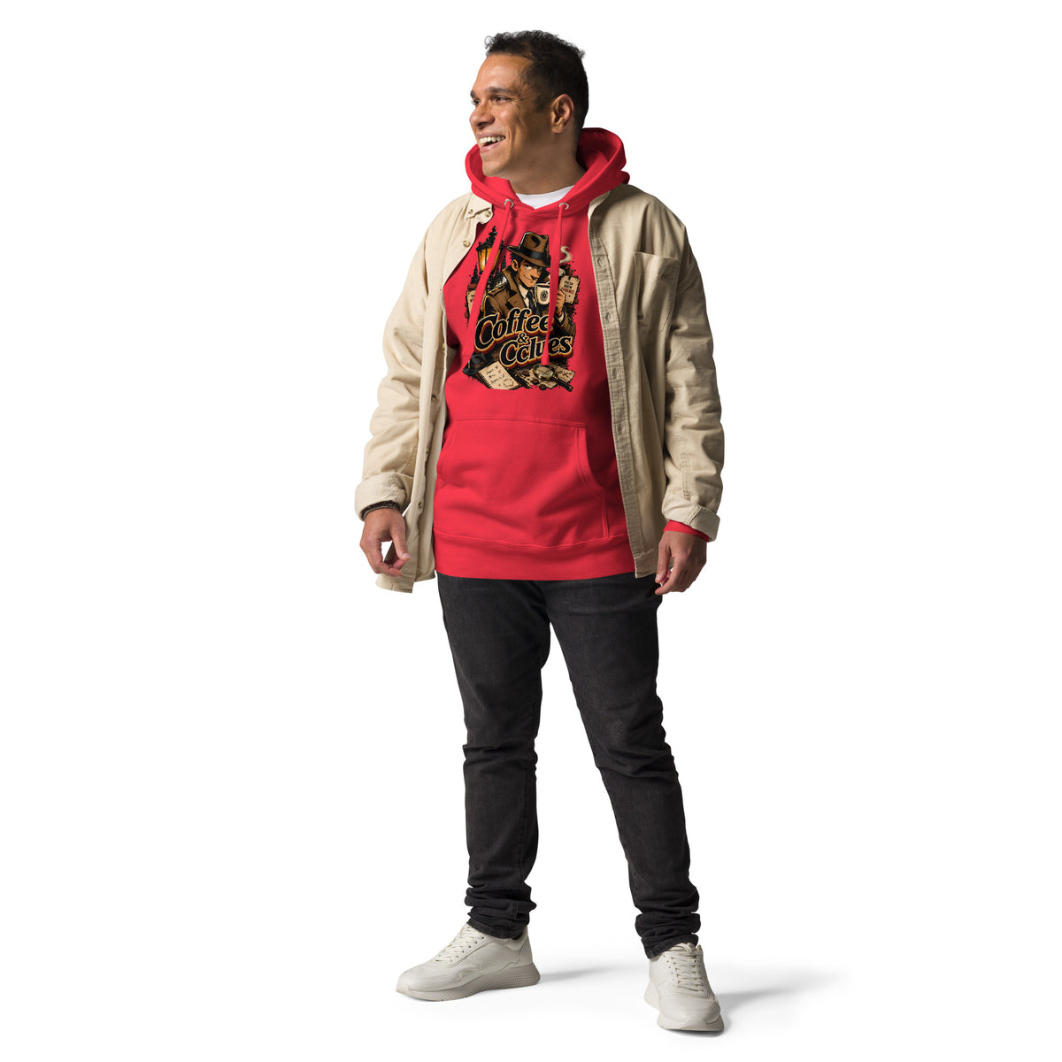 Coffee Lovers Unisex Hoodie Coffee & Clues – Noir Detective Style Graphic Pullover by printfluence.net