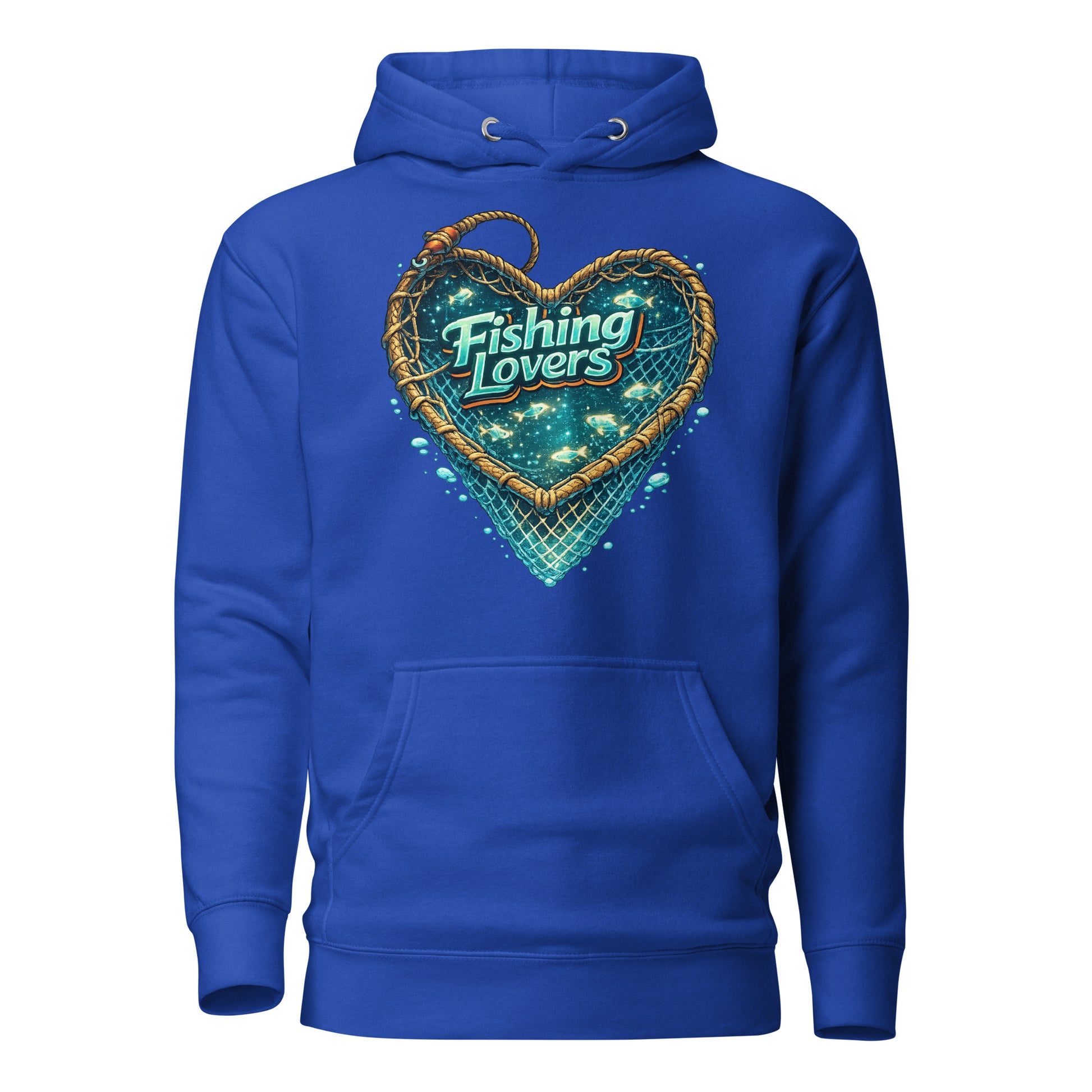 Fishing Lovers Hoodie - Premium Heart Fish Net Graphic Pullover for Anglers & Coffee Lovers by printfluence.net