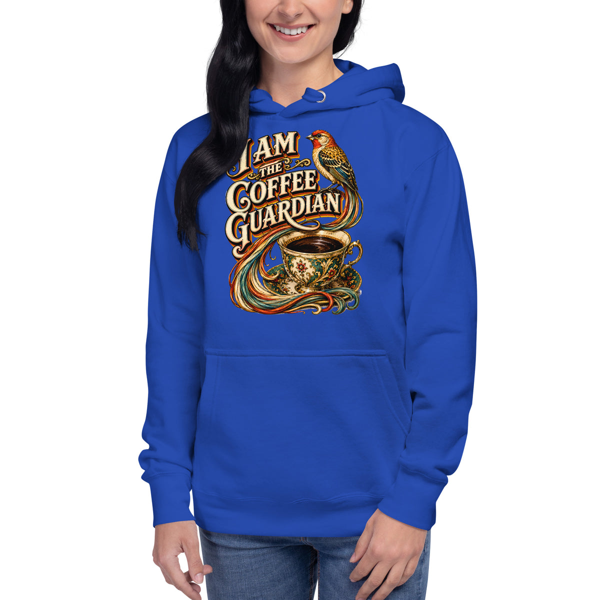 Coffee Lovers Unisex Hoodie The Coffee Guardian – Whimsical Bird & Vintage Cup Graphic Pullover by printfluence.net