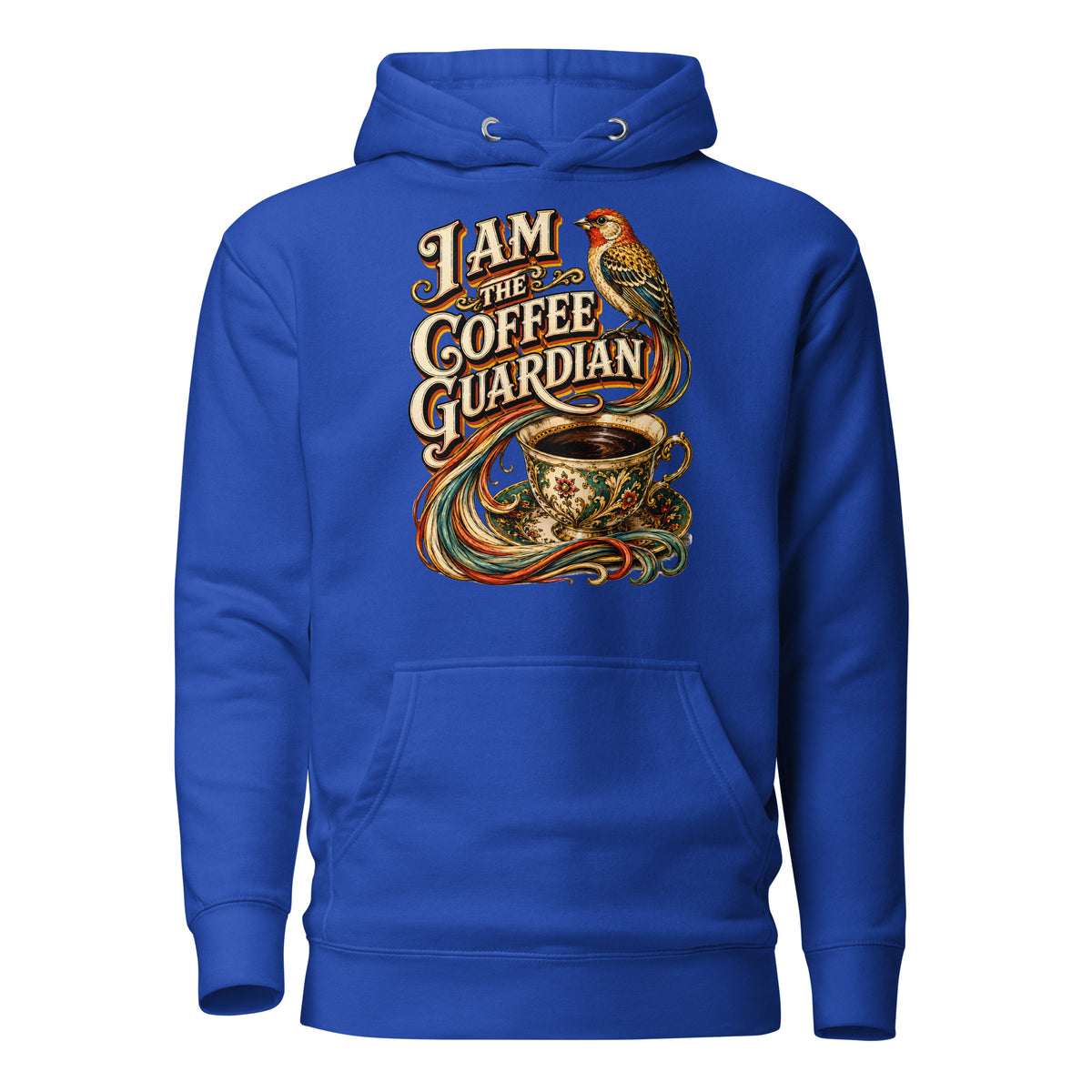 Coffee Lovers Unisex Hoodie The Coffee Guardian – Whimsical Bird & Vintage Cup Graphic Pullover by printfluence.net