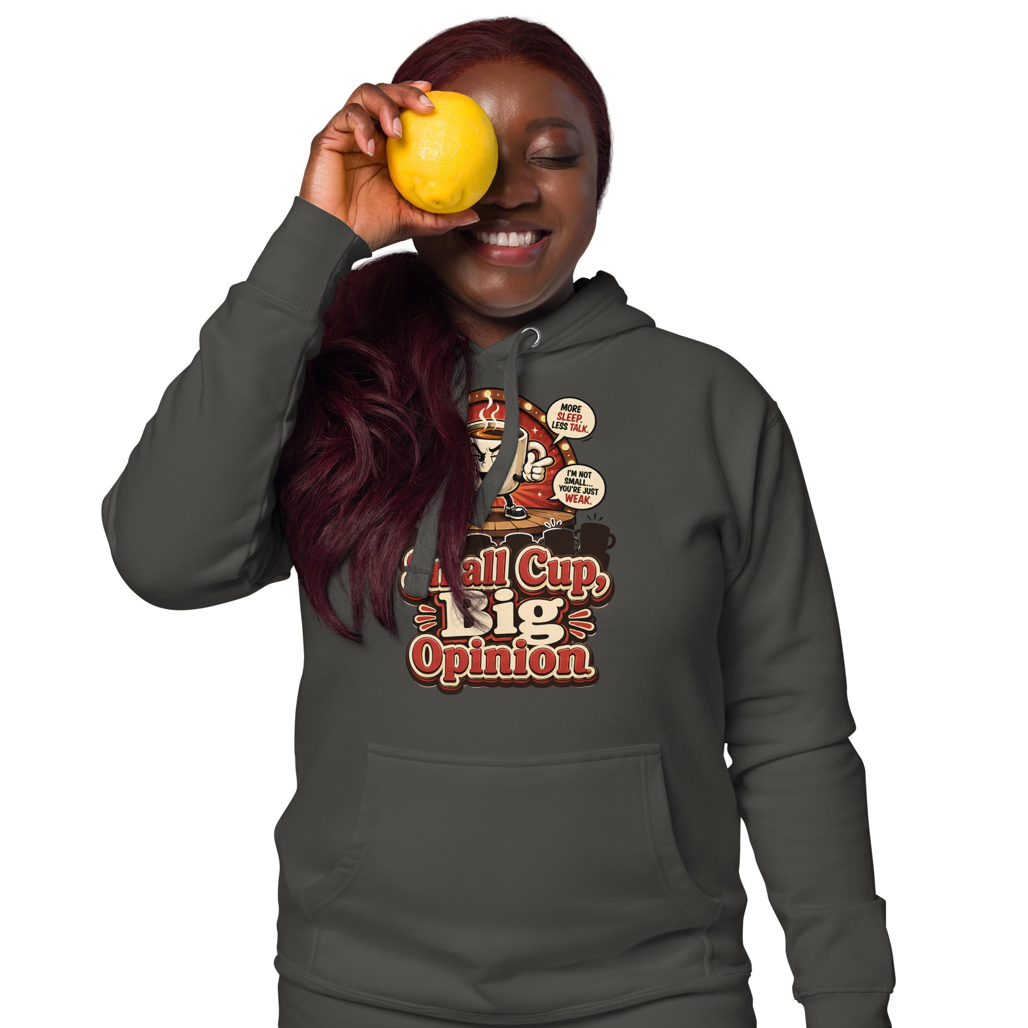 Retro Small Cup Big Opinion Coffee | Premium Unisex Hoodie for Coffee Lovers by printfluence.net