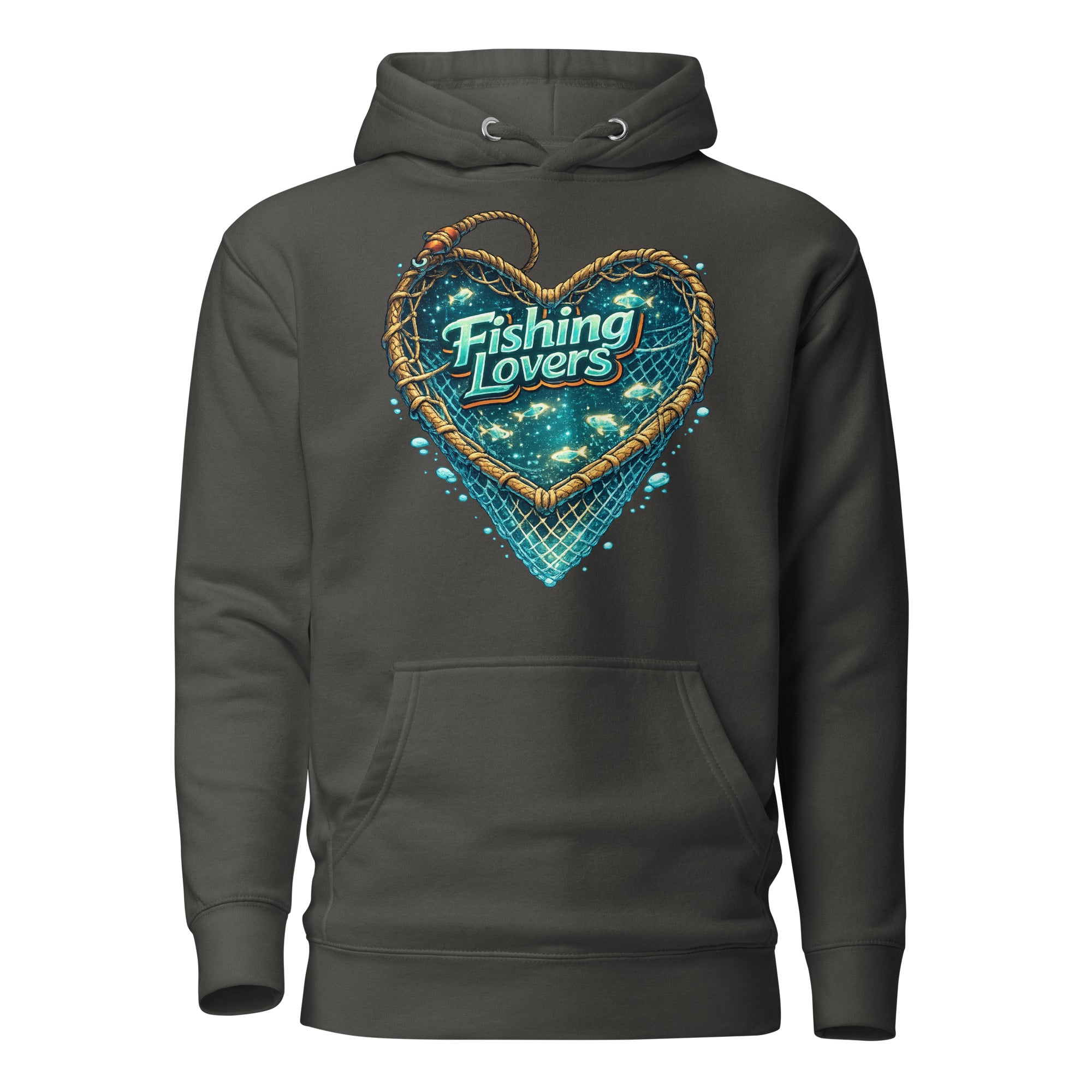 Fishing Lovers Hoodie - Premium Heart Fish Net Graphic Pullover for Anglers & Coffee Lovers by printfluence.net