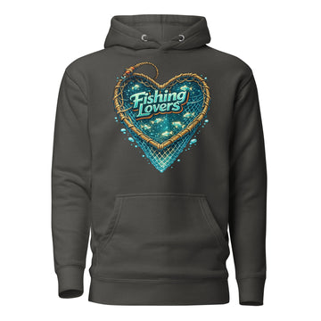 Fishing Lovers Hoodie - Premium Heart Fish Net Graphic Pullover for Anglers & Coffee Lovers by printfluence.net