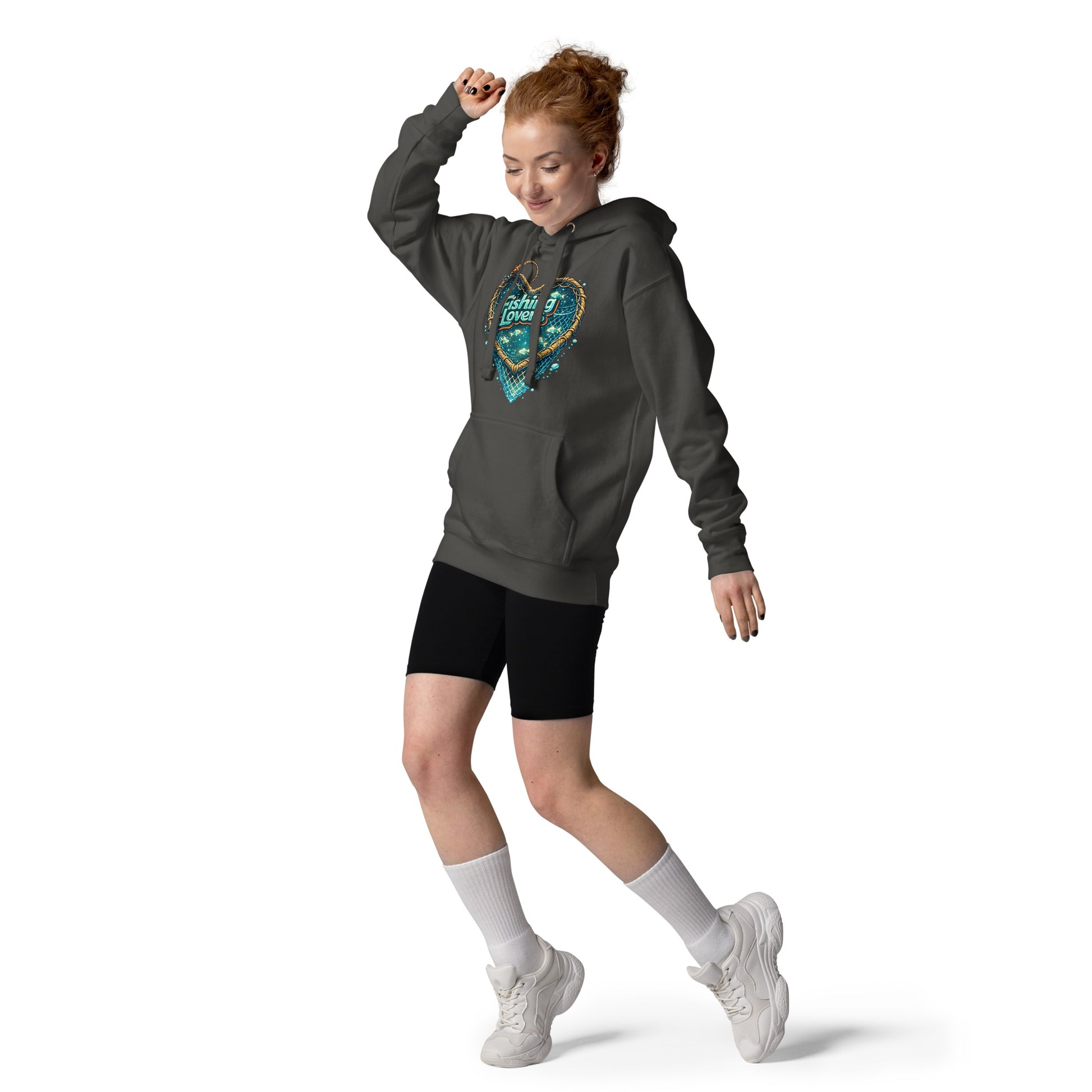 Fishing Lovers Hoodie - Premium Heart Fish Net Graphic Pullover for Anglers & Coffee Lovers by printfluence.net