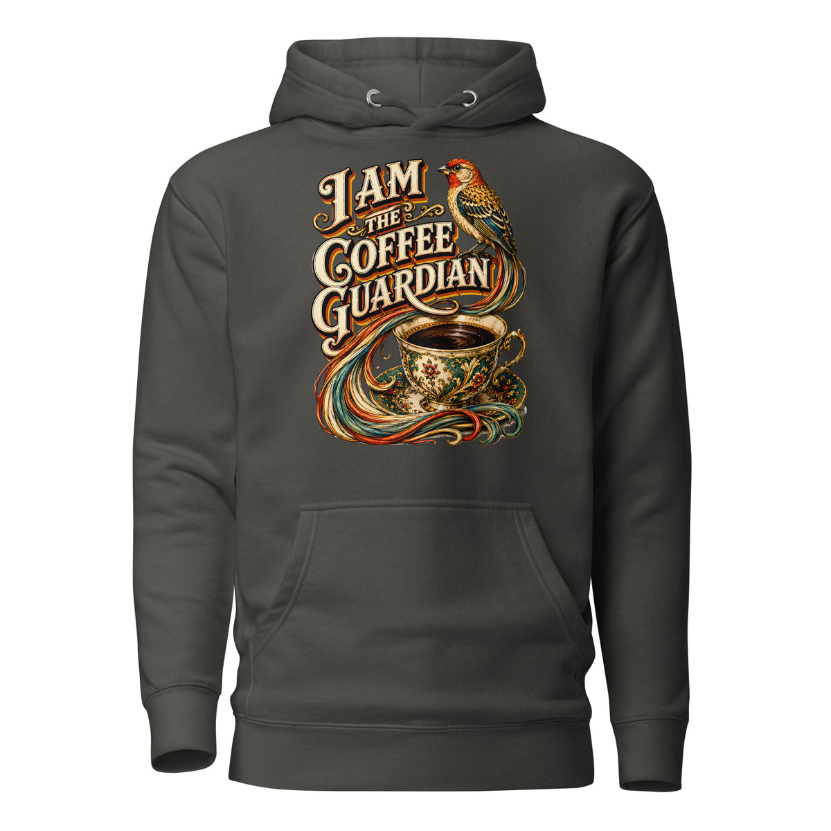 Coffee Lovers Unisex Hoodie The Coffee Guardian – Whimsical Bird & Vintage Cup Graphic Pullover by printfluence.net