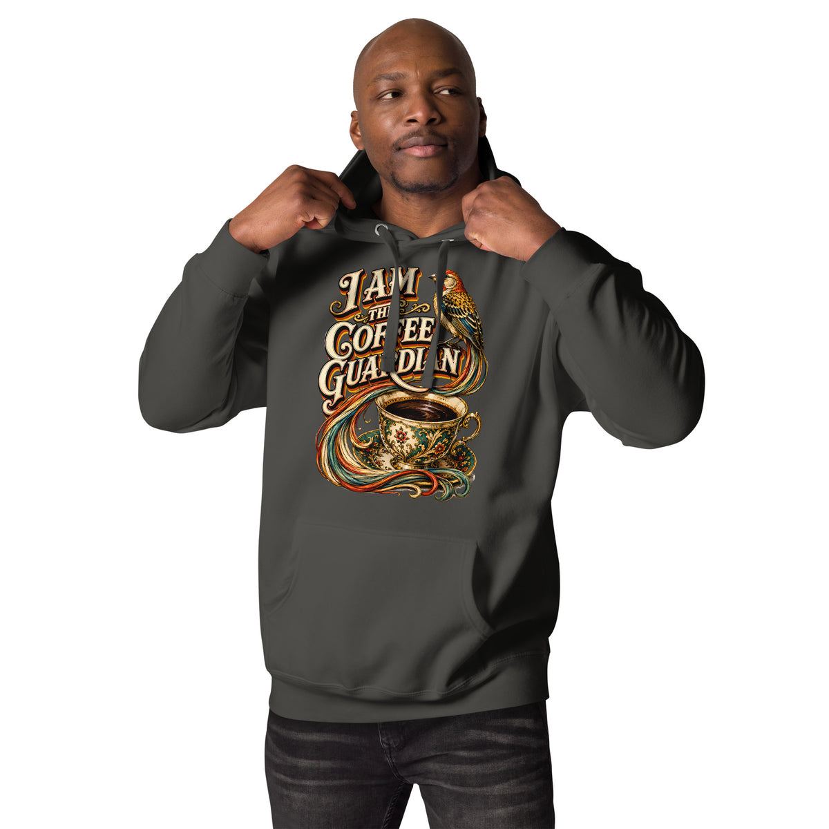 Coffee Lovers Unisex Hoodie The Coffee Guardian – Whimsical Bird & Vintage Cup Graphic Pullover by printfluence.net