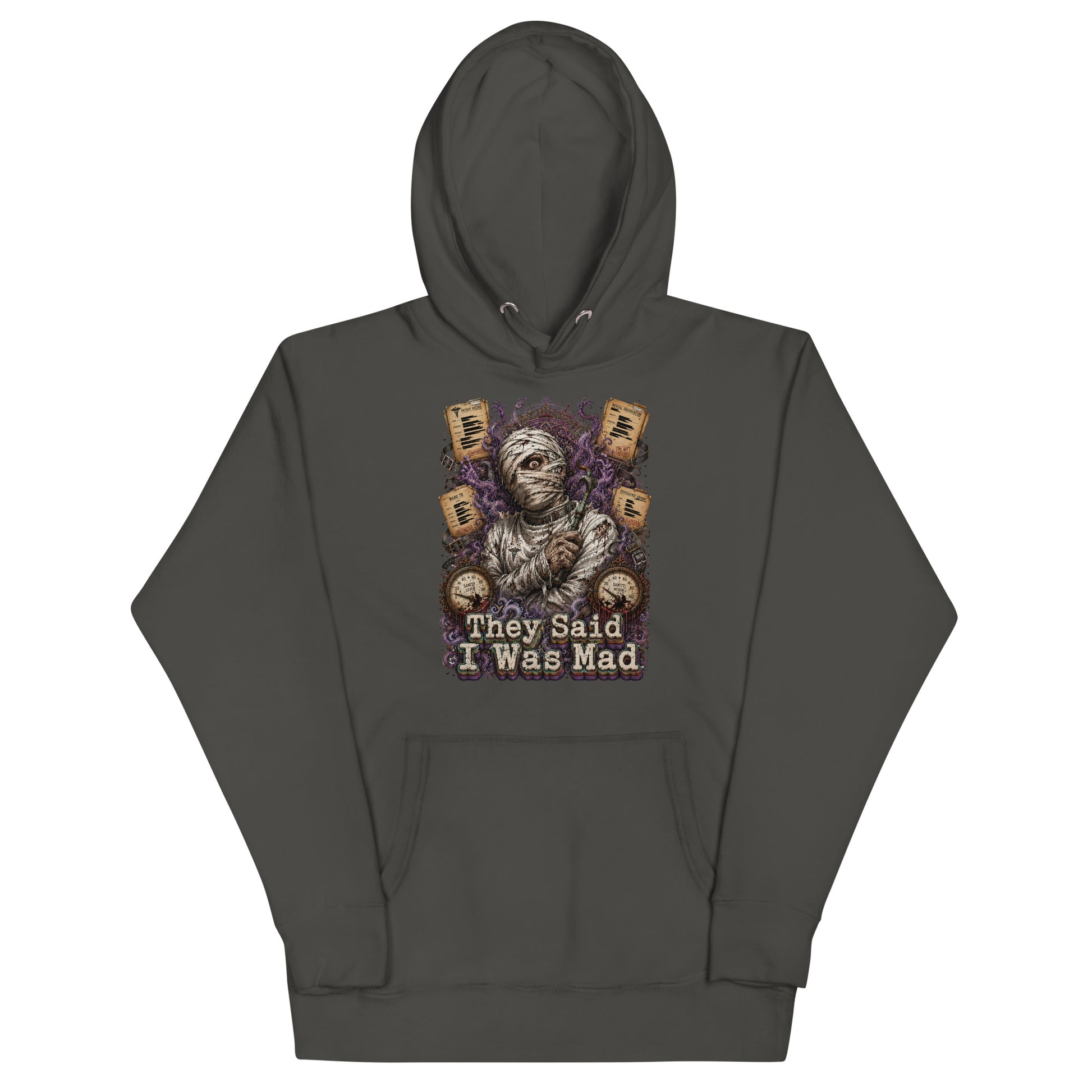 Horror and Mystery Lovers Unisex Premium Pullover Hoodie — "They Said I Was Mad" Asylum Patient and Sanity Meter Design by printfluence.net