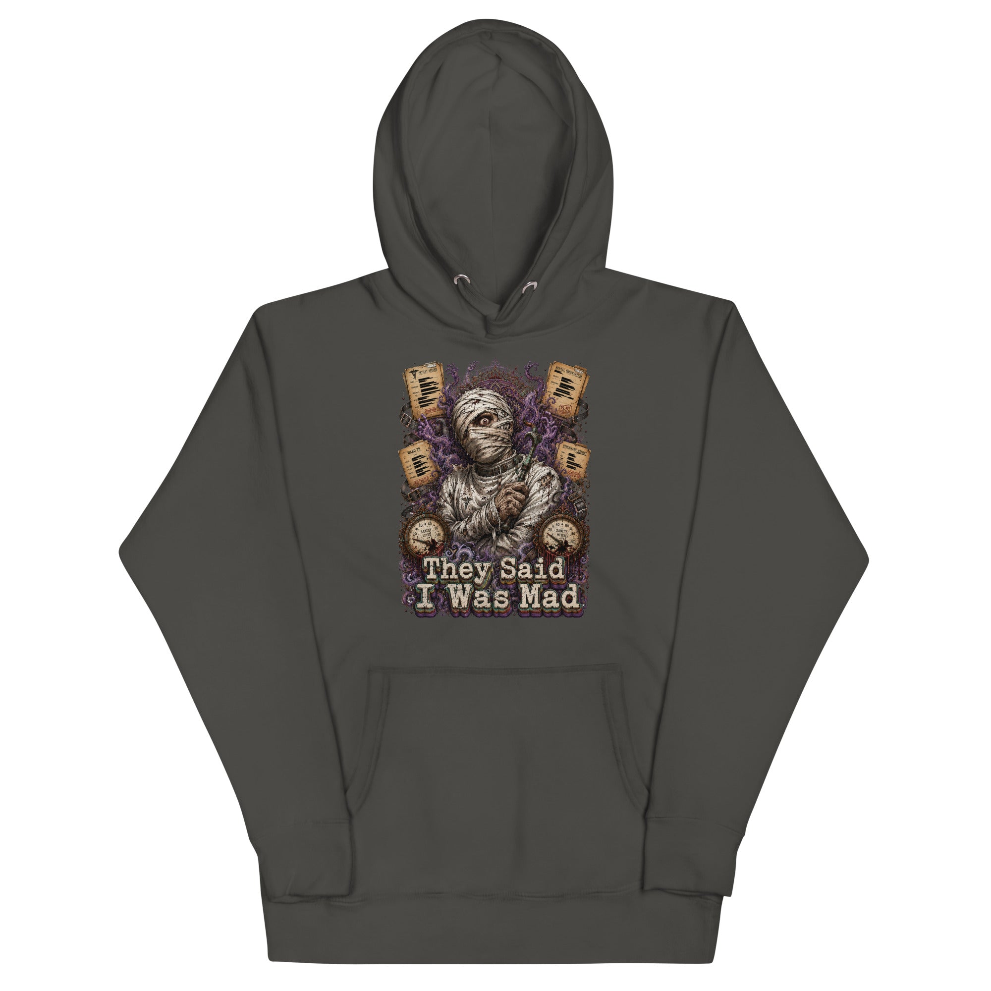 Horror and Mystery Lovers Unisex Premium Pullover Hoodie — "They Said I Was Mad" Asylum Patient and Sanity Meter Design by printfluence.net