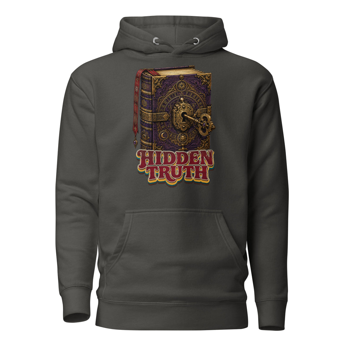 Horror and Mystery Lovers Unisex Premium Pullover Hoodie — "Hidden Truth" Cursed Grimoire and Esoteric Key Design by printfluence.net
