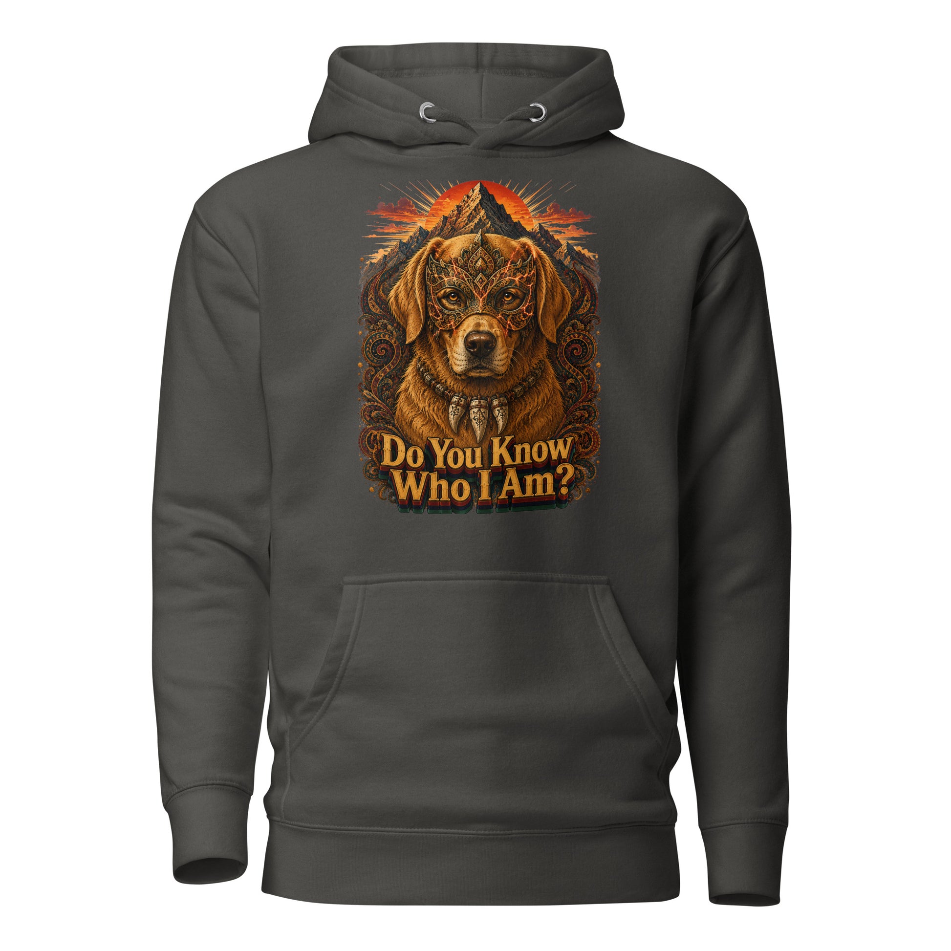 Golden Retriever Lovers Unisex Premium Pullover Hoodie — "Do You Know Who I Am?" Mystical Mask, Mountains, and Tribal Collar Design by printfluence.net