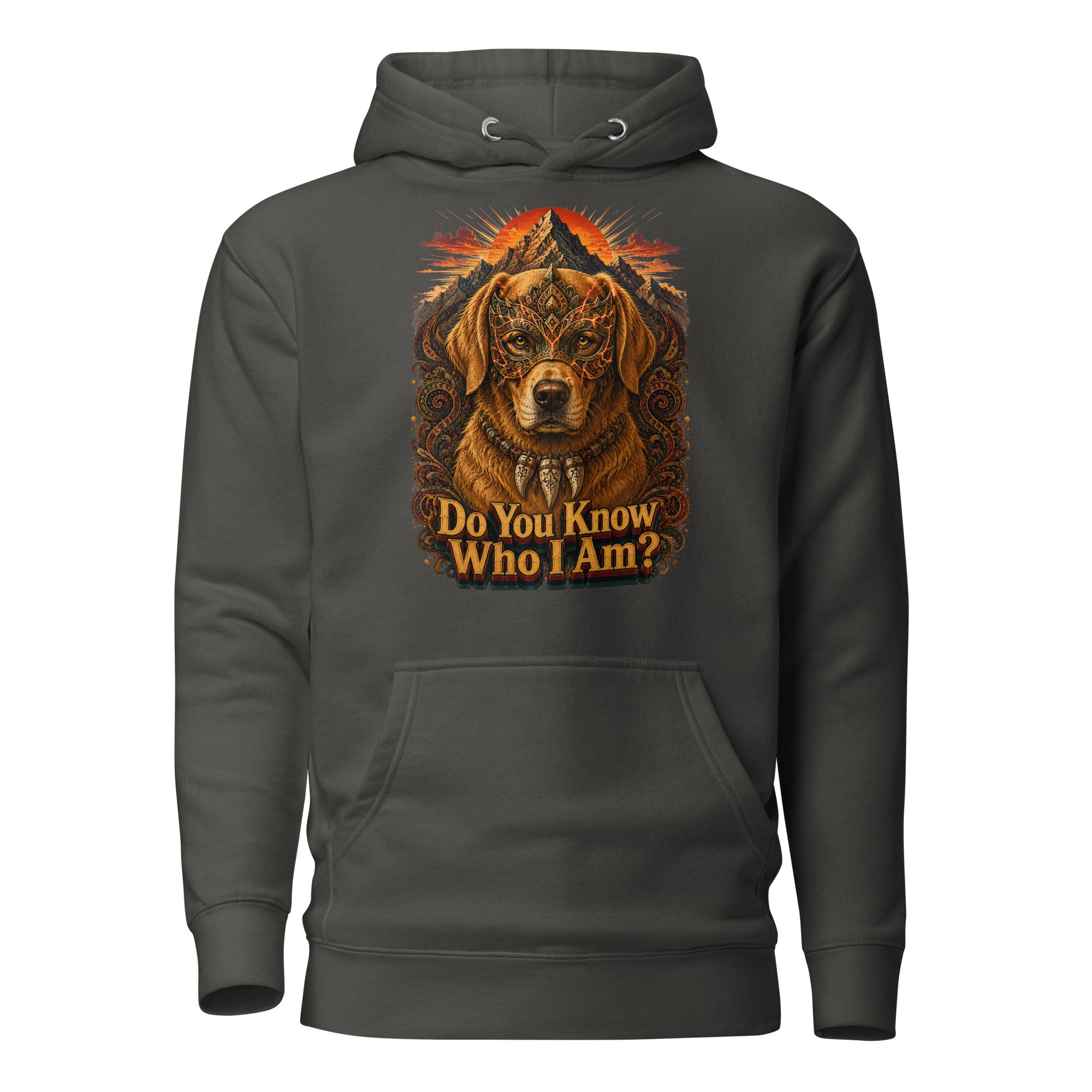 Golden Retriever Lovers Unisex Premium Pullover Hoodie — "Do You Know Who I Am?" Mystical Mask, Mountains, and Tribal Collar Design by printfluence.net