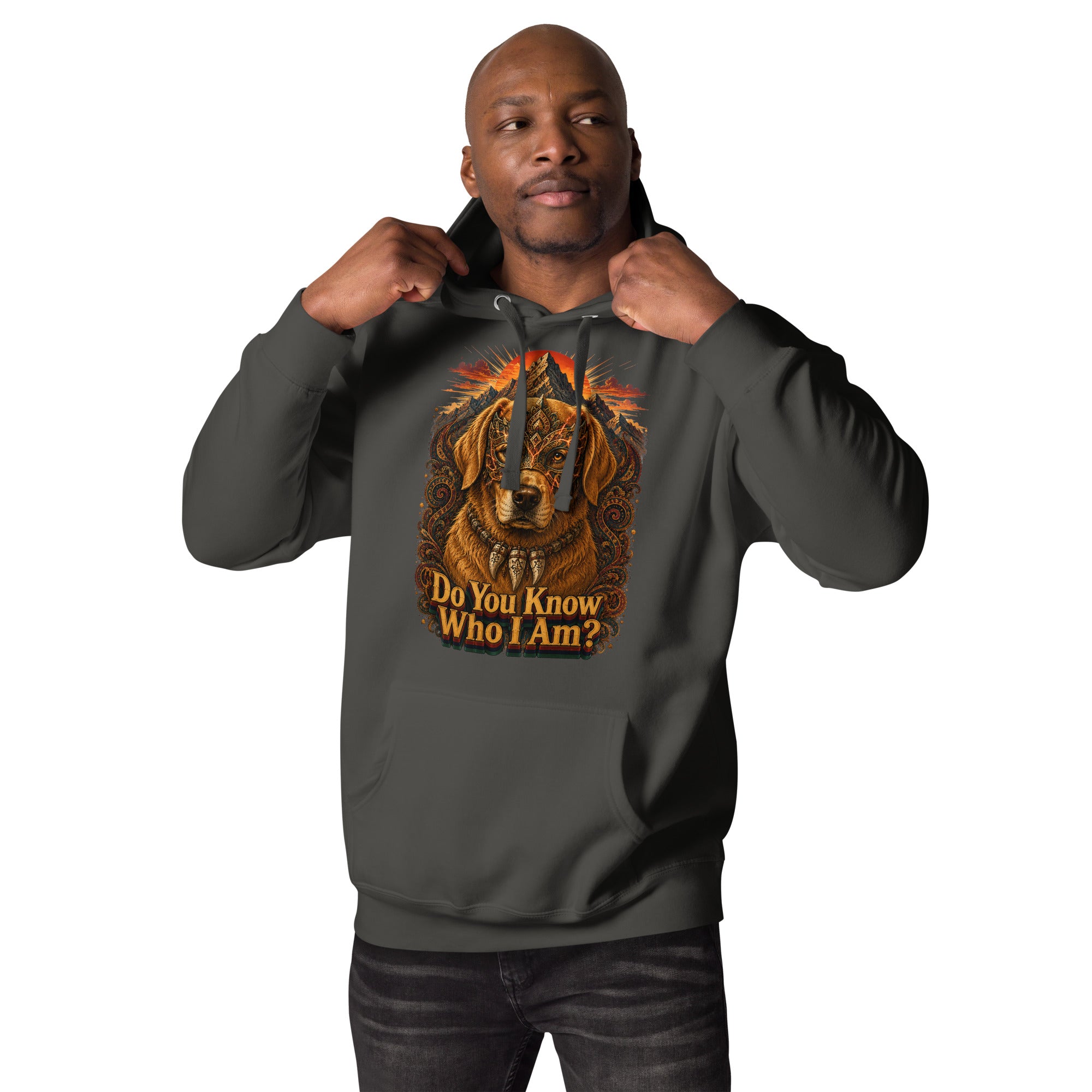 Golden Retriever Lovers Unisex Premium Pullover Hoodie — "Do You Know Who I Am?" Mystical Mask, Mountains, and Tribal Collar Design by printfluence.net