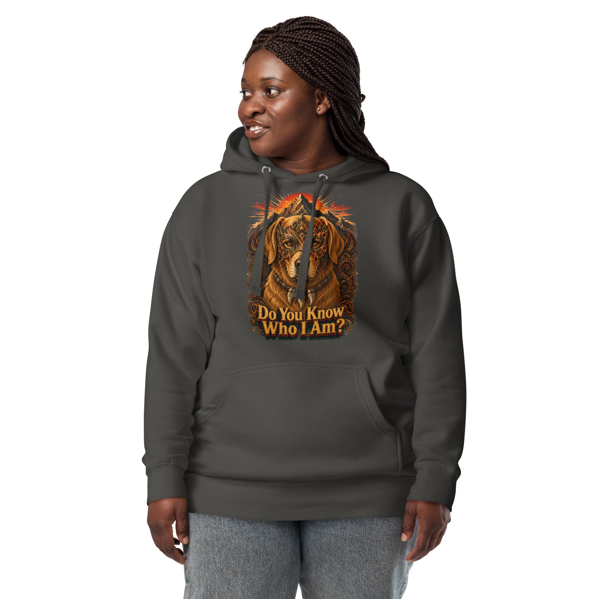 Golden Retriever Lovers Unisex Premium Pullover Hoodie — "Do You Know Who I Am?" Mystical Mask, Mountains, and Tribal Collar Design by printfluence.net