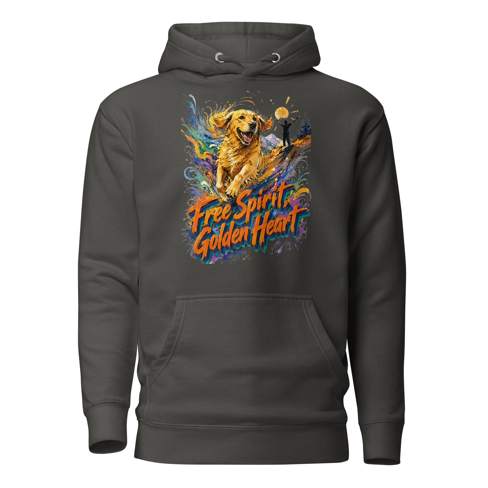 Golden Retriever Lovers Unisex Premium Pullover Hoodie — "Free Spirit, Golden Heart" Running Dog and Mountain Explorer Design by printfluence.net