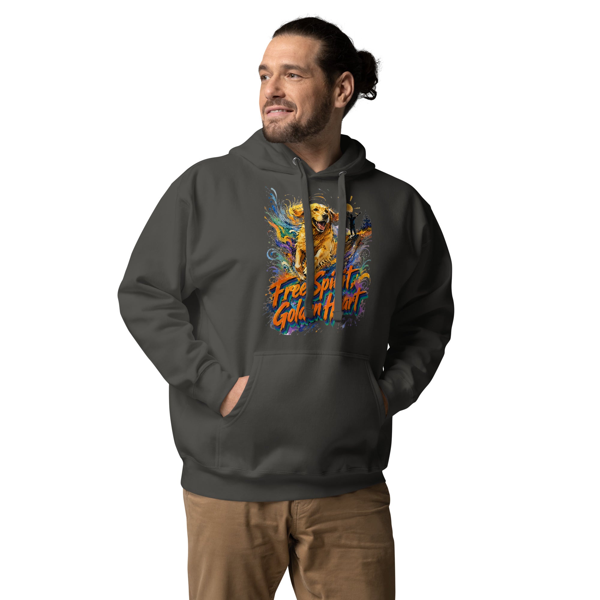 Golden Retriever Lovers Unisex Premium Pullover Hoodie — "Free Spirit, Golden Heart" Running Dog and Mountain Explorer Design by printfluence.net