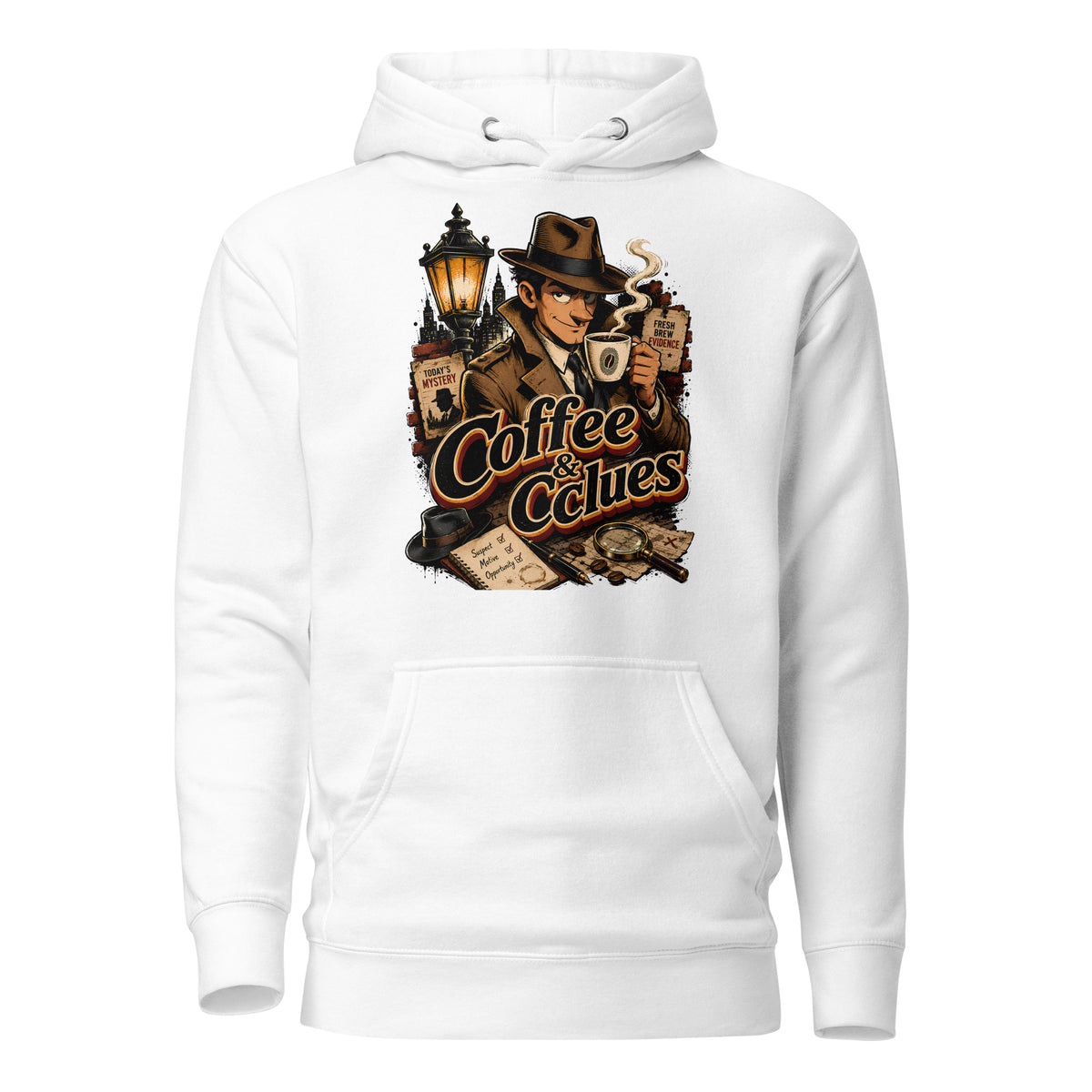 Coffee Lovers Unisex Hoodie Coffee & Clues – Noir Detective Style Graphic Pullover by printfluence.net