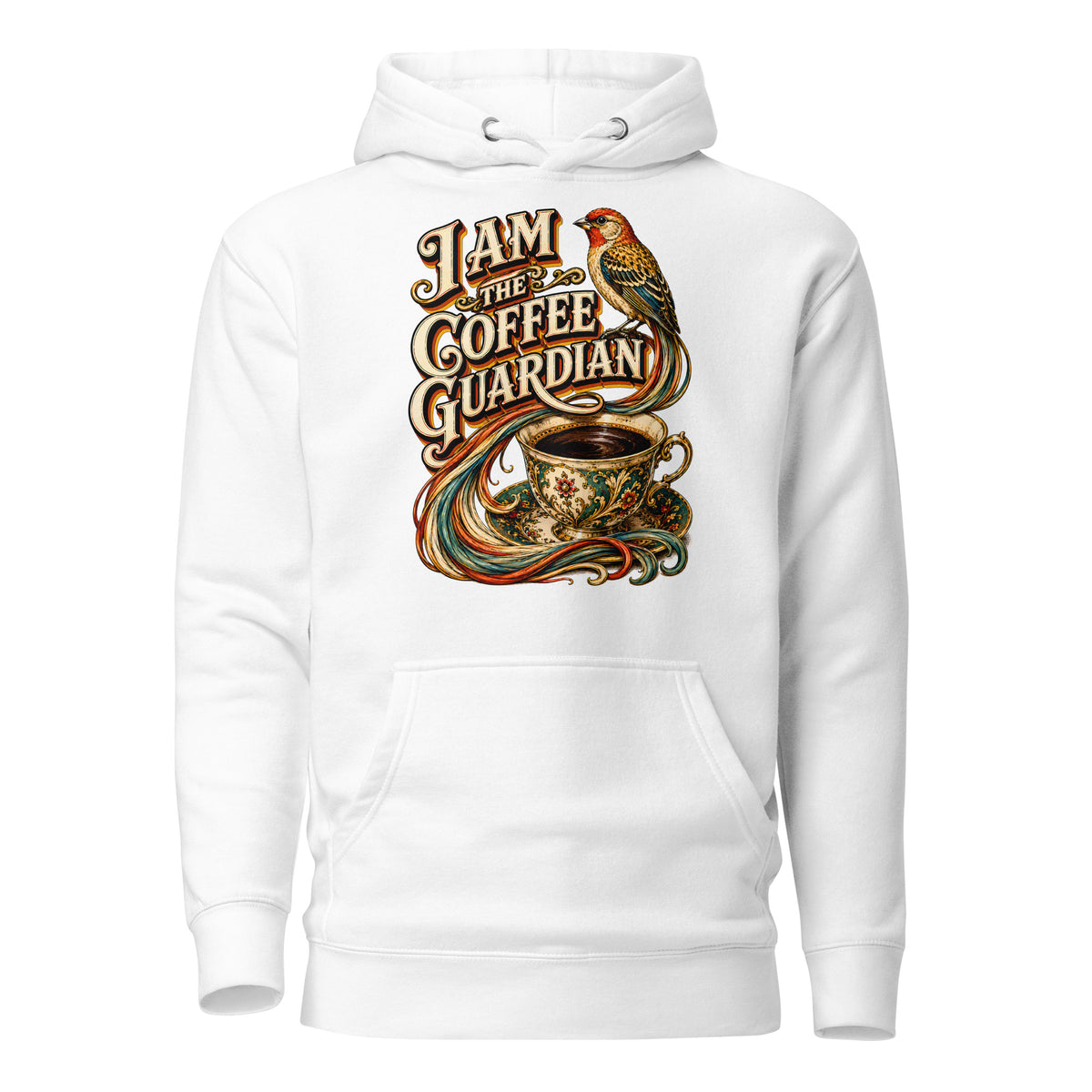 Coffee Lovers Unisex Hoodie The Coffee Guardian – Whimsical Bird & Vintage Cup Graphic Pullover by printfluence.net