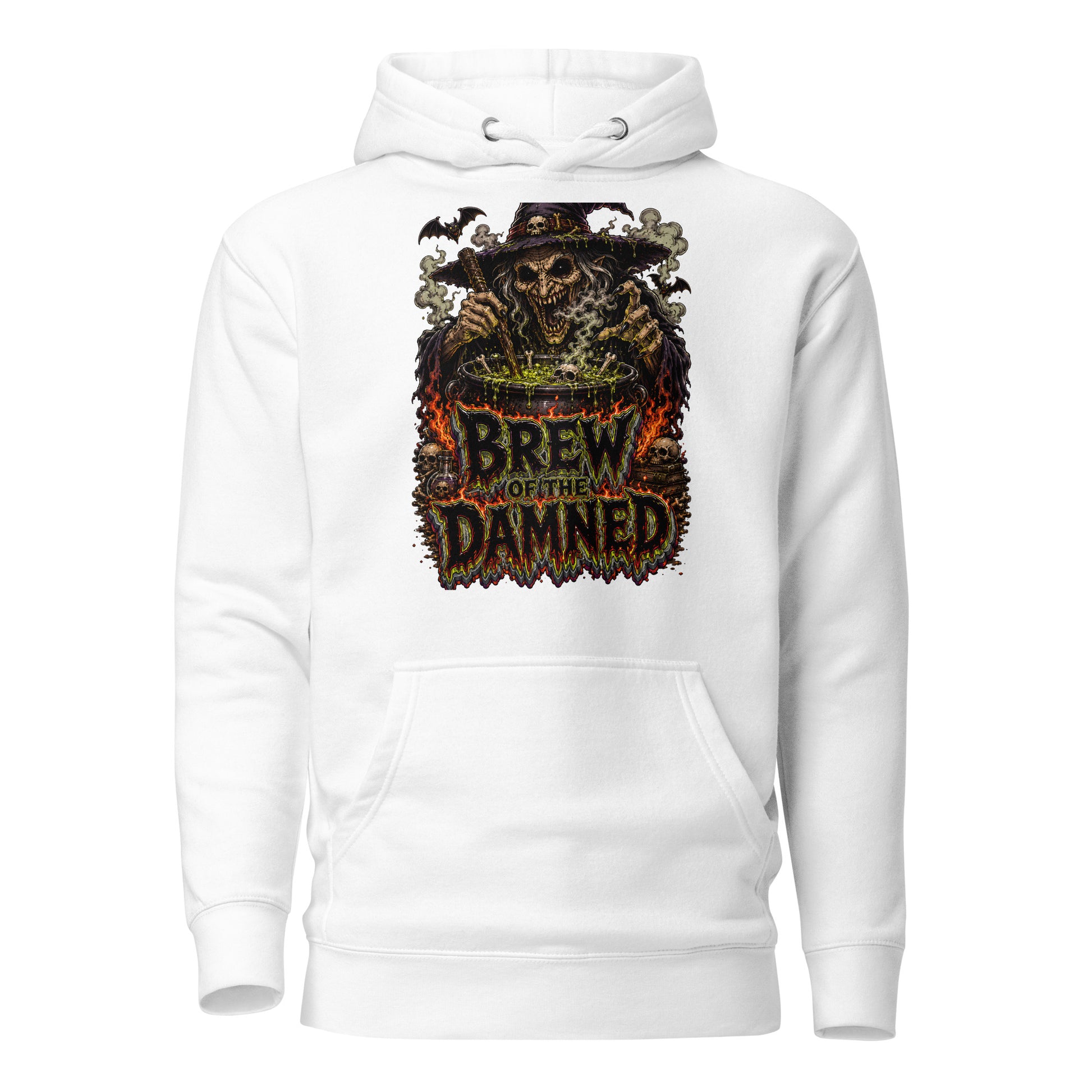 Horror & Mystery Lovers Unisex Premium Pullover Hoodie with "Brew of the Damned" Witch Cauldron Design by printfluence.net