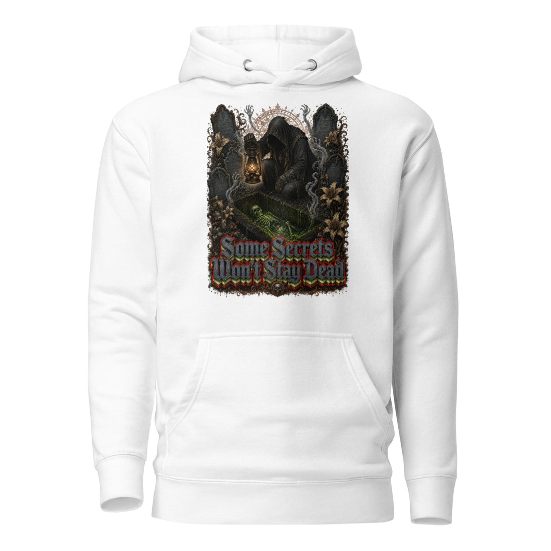 Horror & Mystery Lovers Unisex Premium Pullover Hoodie with Grave Keeper and "Some Secrets Won't Stay Dead" Design by printfluence.net