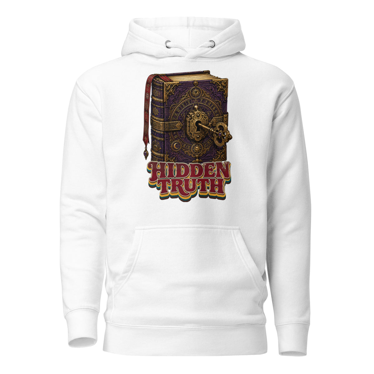 Horror and Mystery Lovers Unisex Premium Pullover Hoodie — "Hidden Truth" Cursed Grimoire and Esoteric Key Design by printfluence.net