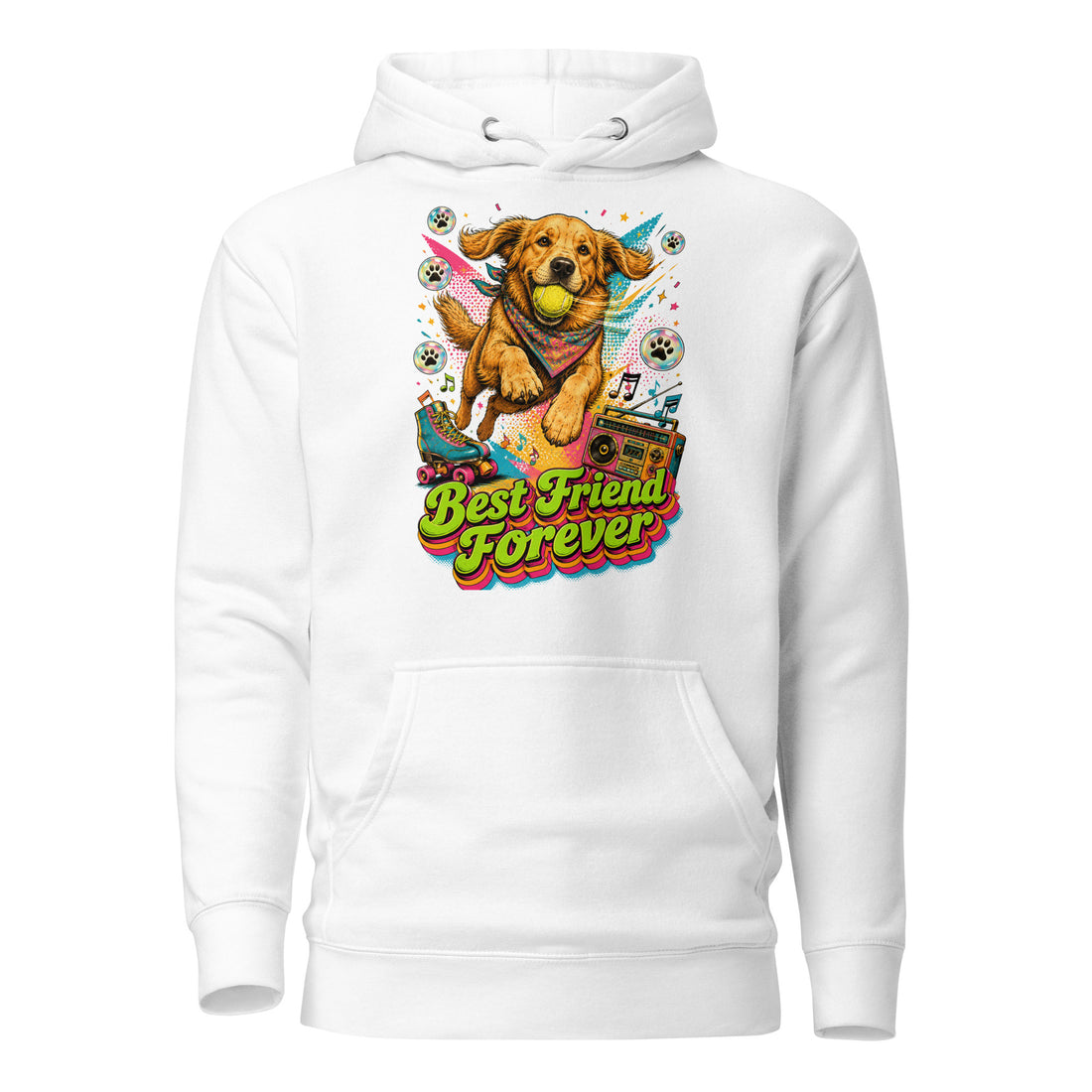 Golden Retriever Lovers Unisex Premium Pullover Hoodie — "Best Friend Forever" Retro 80s Roller Skate and Dog Design by printfluence.net