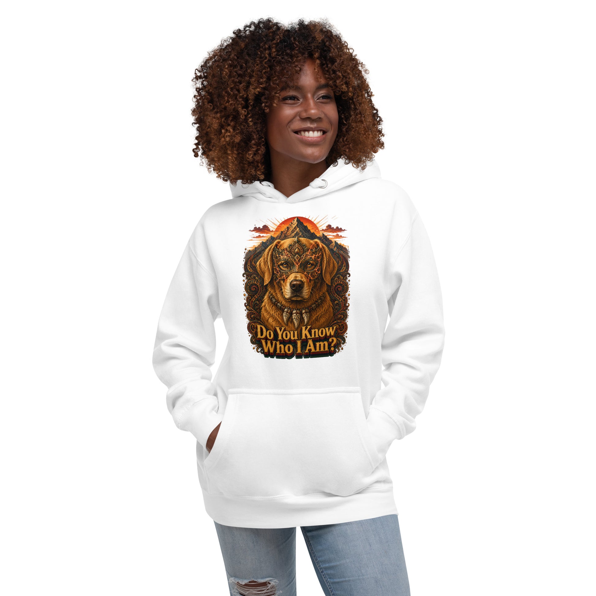 Golden Retriever Lovers Unisex Premium Pullover Hoodie — "Do You Know Who I Am?" Mystical Mask, Mountains, and Tribal Collar Design by printfluence.net