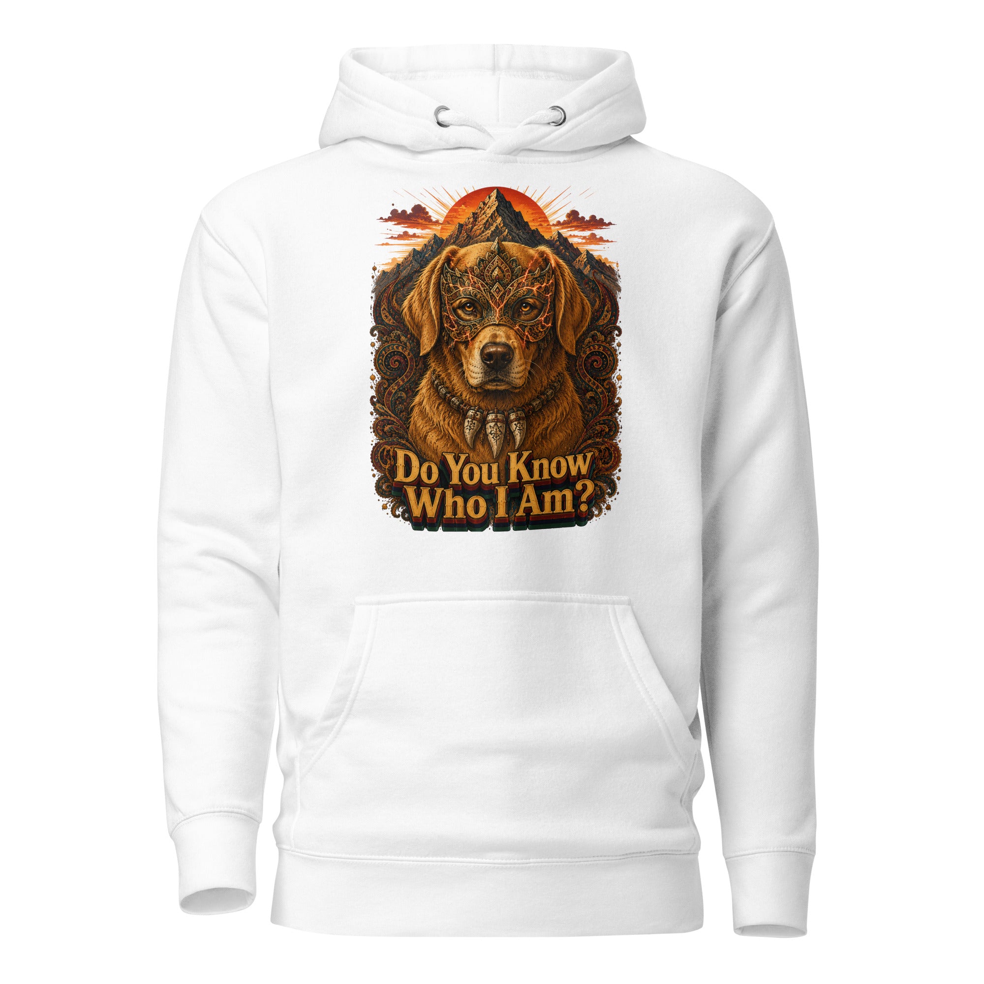 Golden Retriever Lovers Unisex Premium Pullover Hoodie — "Do You Know Who I Am?" Mystical Mask, Mountains, and Tribal Collar Design by printfluence.net