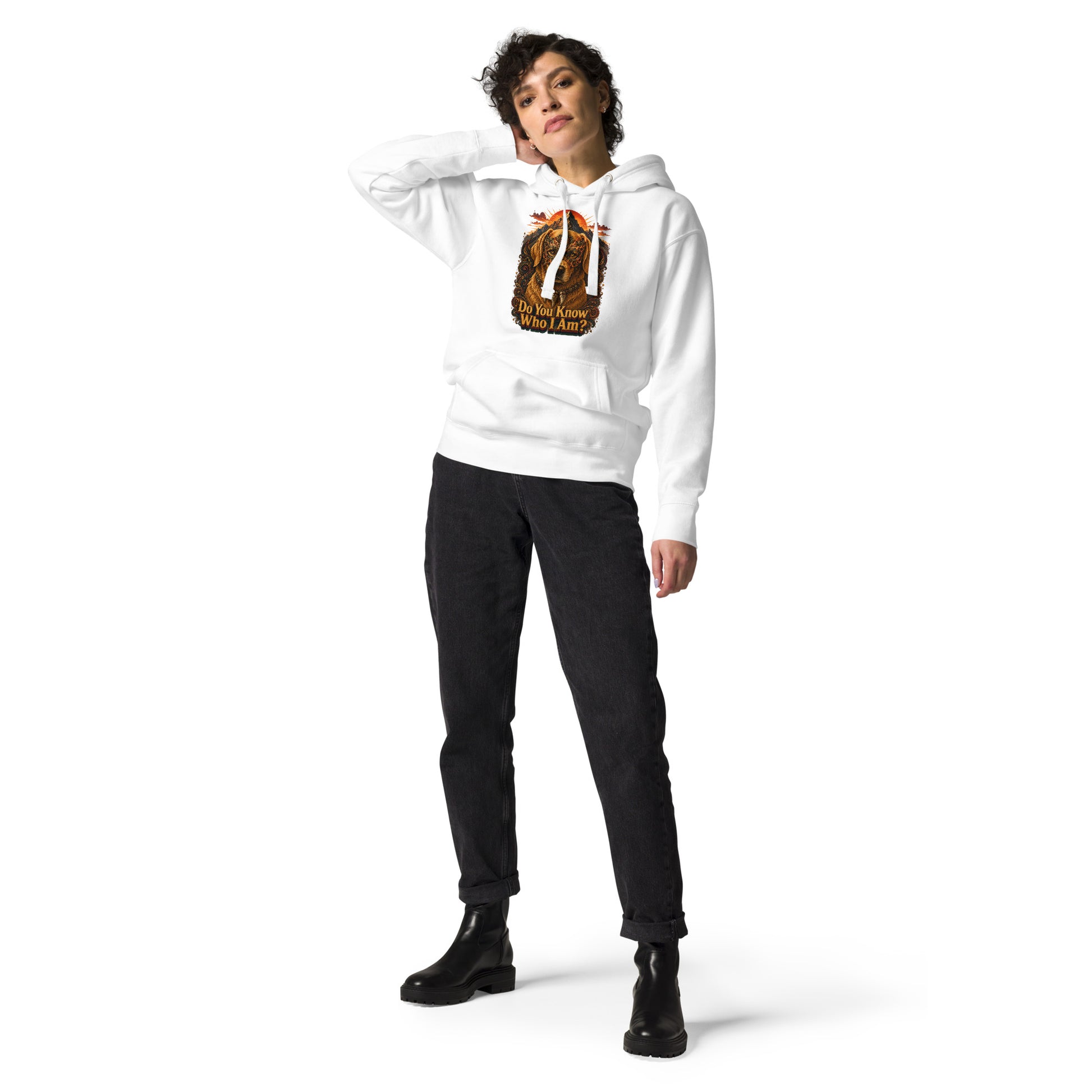 Golden Retriever Lovers Unisex Premium Pullover Hoodie — "Do You Know Who I Am?" Mystical Mask, Mountains, and Tribal Collar Design by printfluence.net