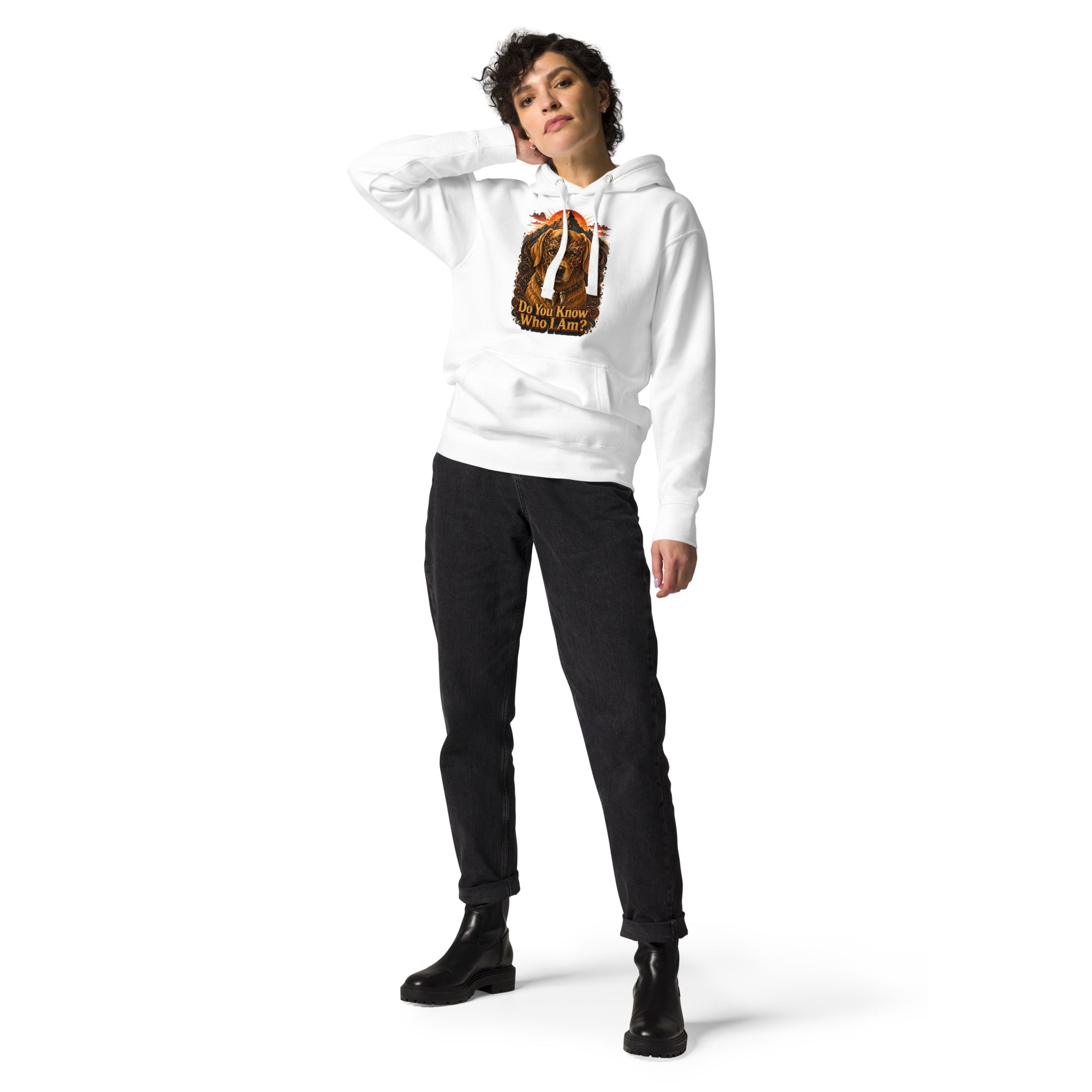 Golden Retriever Lovers Unisex Premium Pullover Hoodie — "Do You Know Who I Am?" Mystical Mask, Mountains, and Tribal Collar Design by printfluence.net