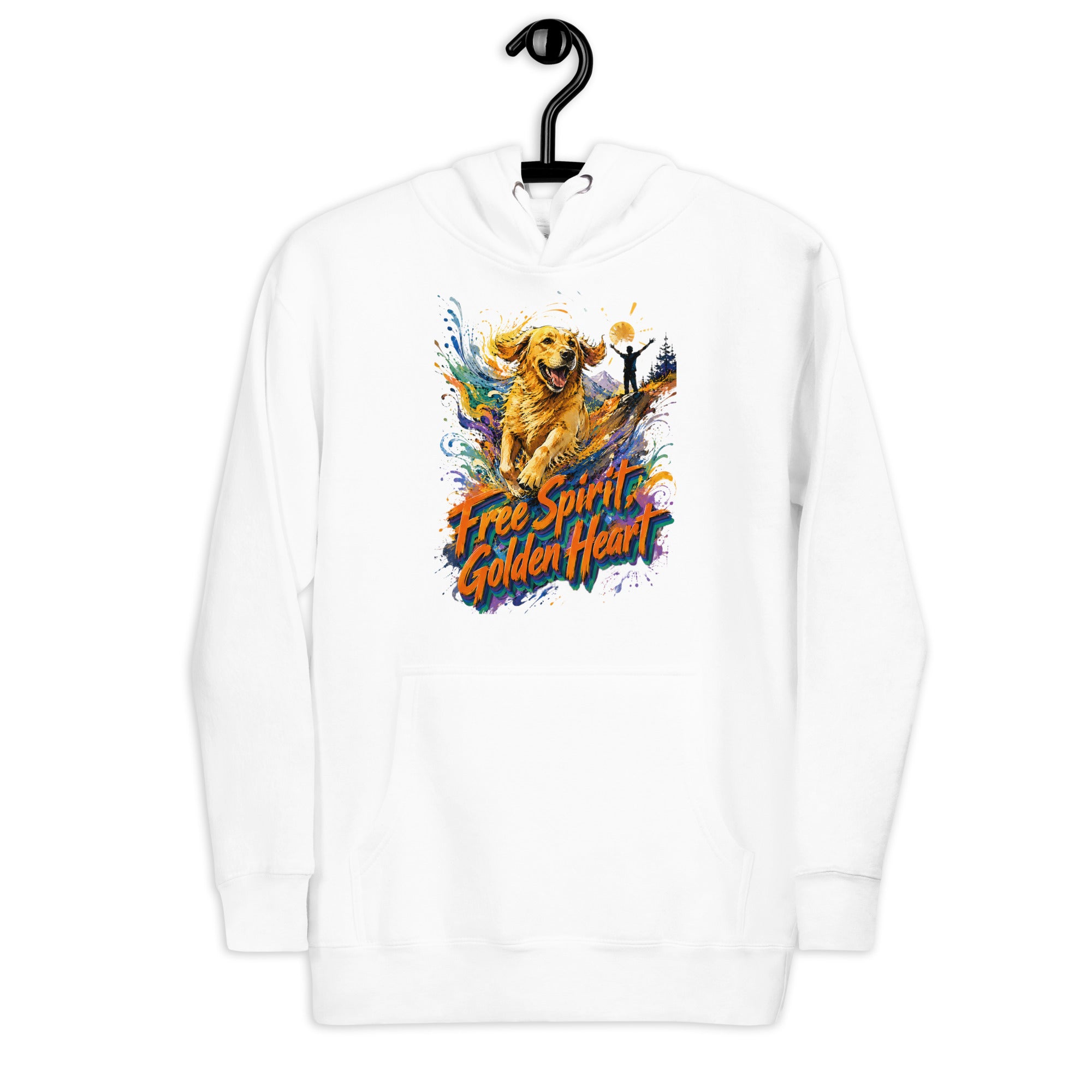 Golden Retriever Lovers Unisex Premium Pullover Hoodie — "Free Spirit, Golden Heart" Running Dog and Mountain Explorer Design by printfluence.net