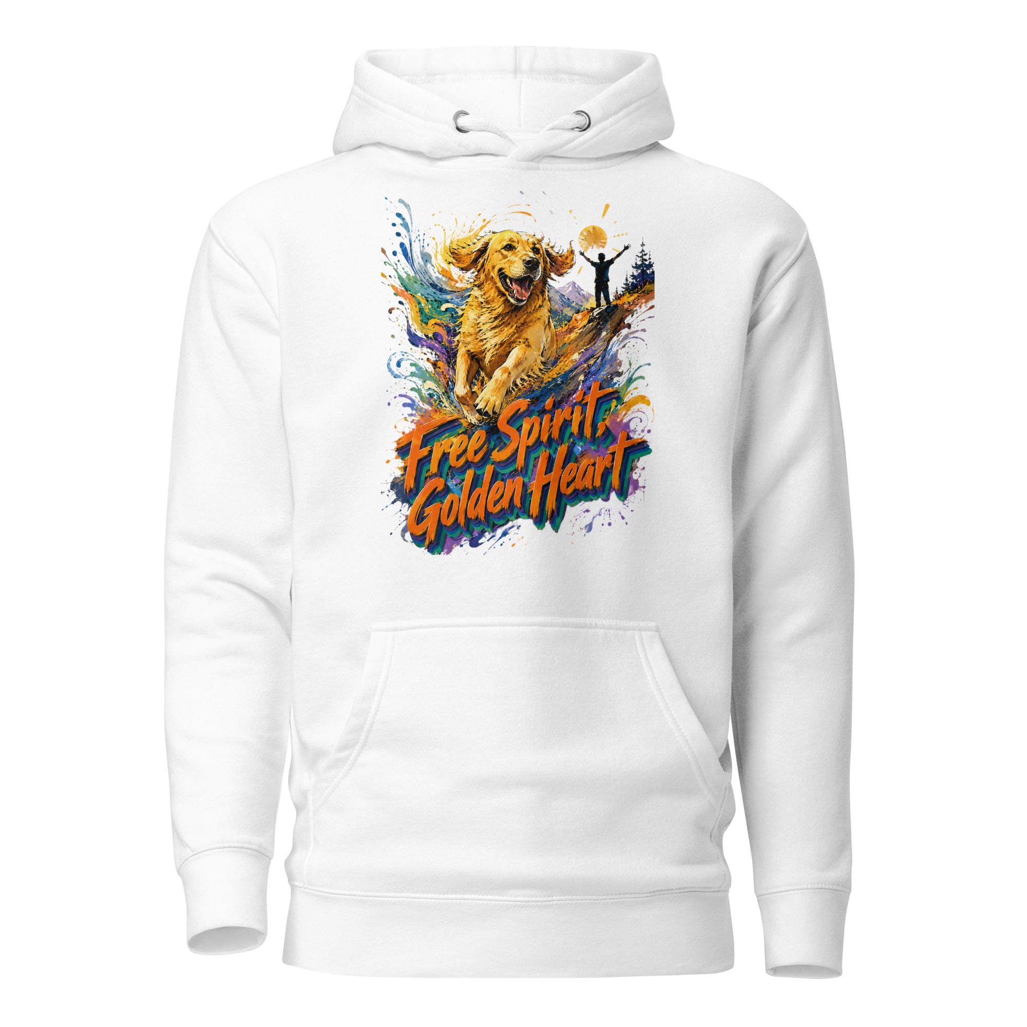 Golden Retriever Lovers Unisex Premium Pullover Hoodie — "Free Spirit, Golden Heart" Running Dog and Mountain Explorer Design by printfluence.net