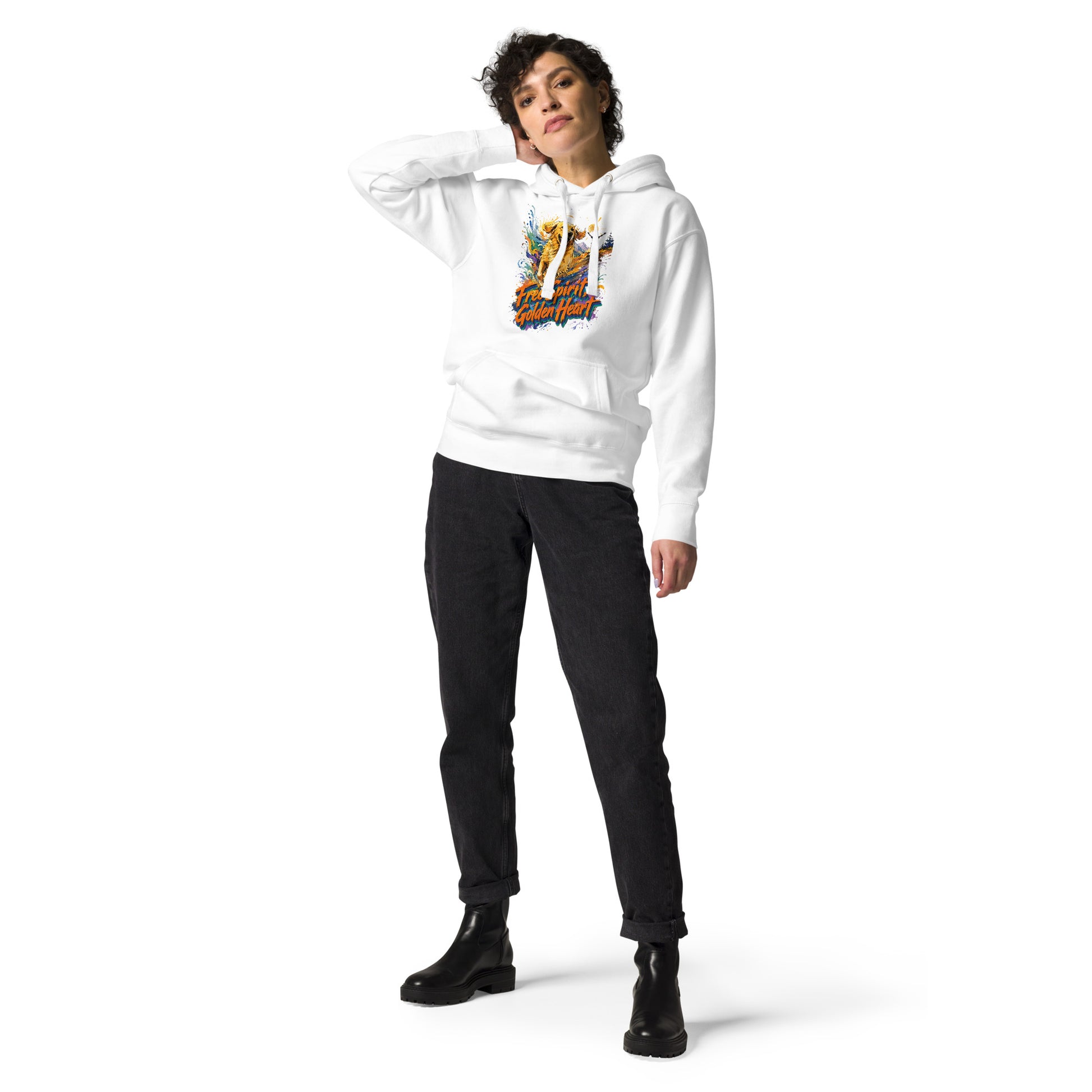 Golden Retriever Lovers Unisex Premium Pullover Hoodie — "Free Spirit, Golden Heart" Running Dog and Mountain Explorer Design by printfluence.net